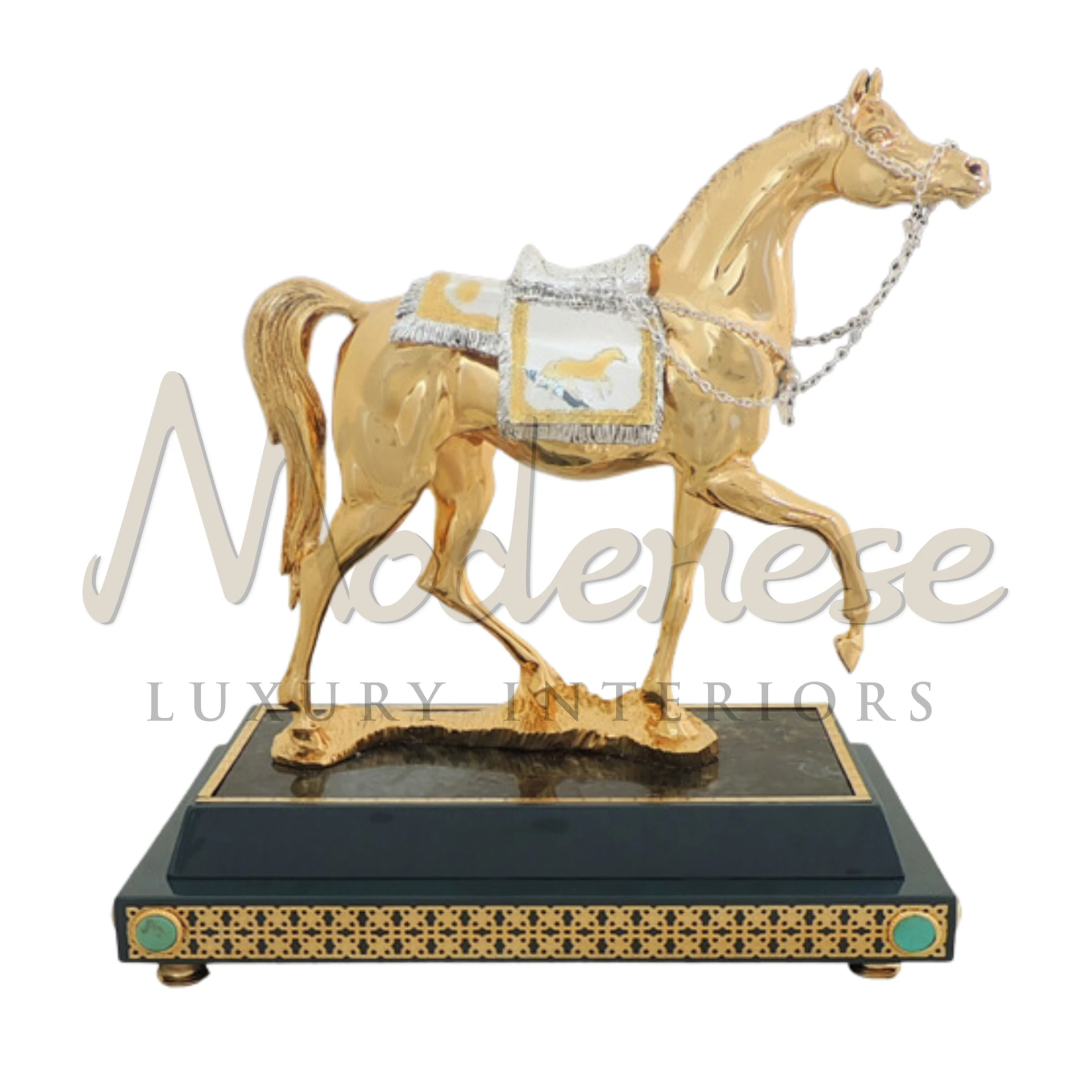 Imperial Gold Horse statuette, embodying power and strength, with intricate details, ideal for adding opulence to luxury and classic style interiors.