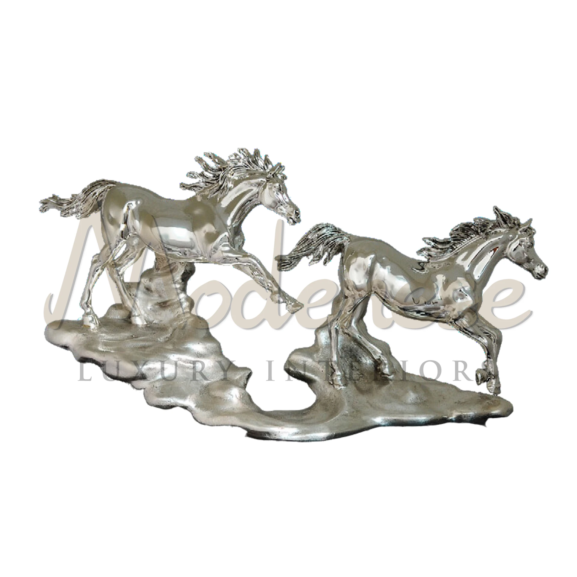 Luxury Silver Horse Set featuring statues and figurines with intricate details, ideal for sophisticated interior design.