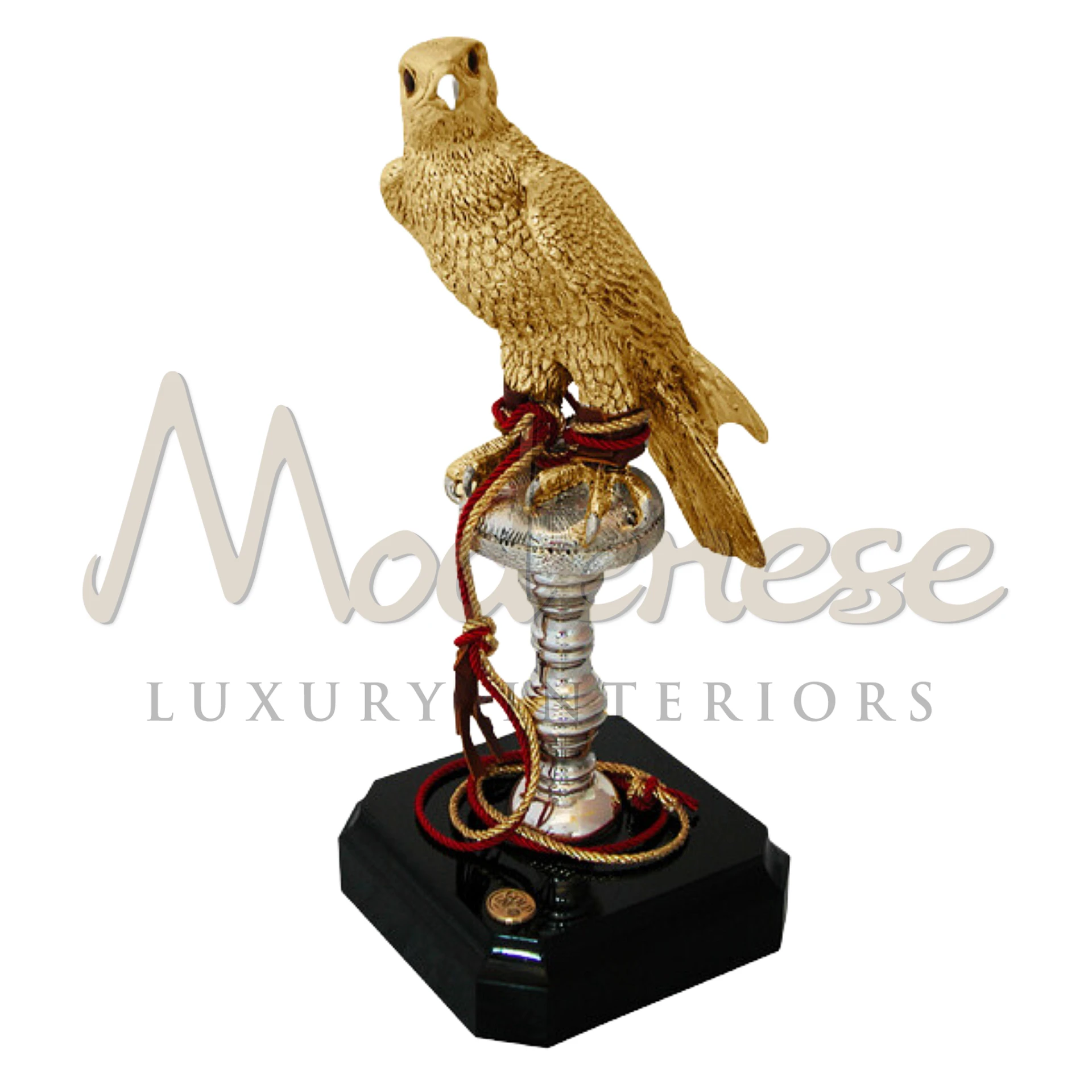 Elegant Classic Gold Falcon statuette in dynamic pose, with detailed gold leaf, embodying luxury and classic style for interior design.