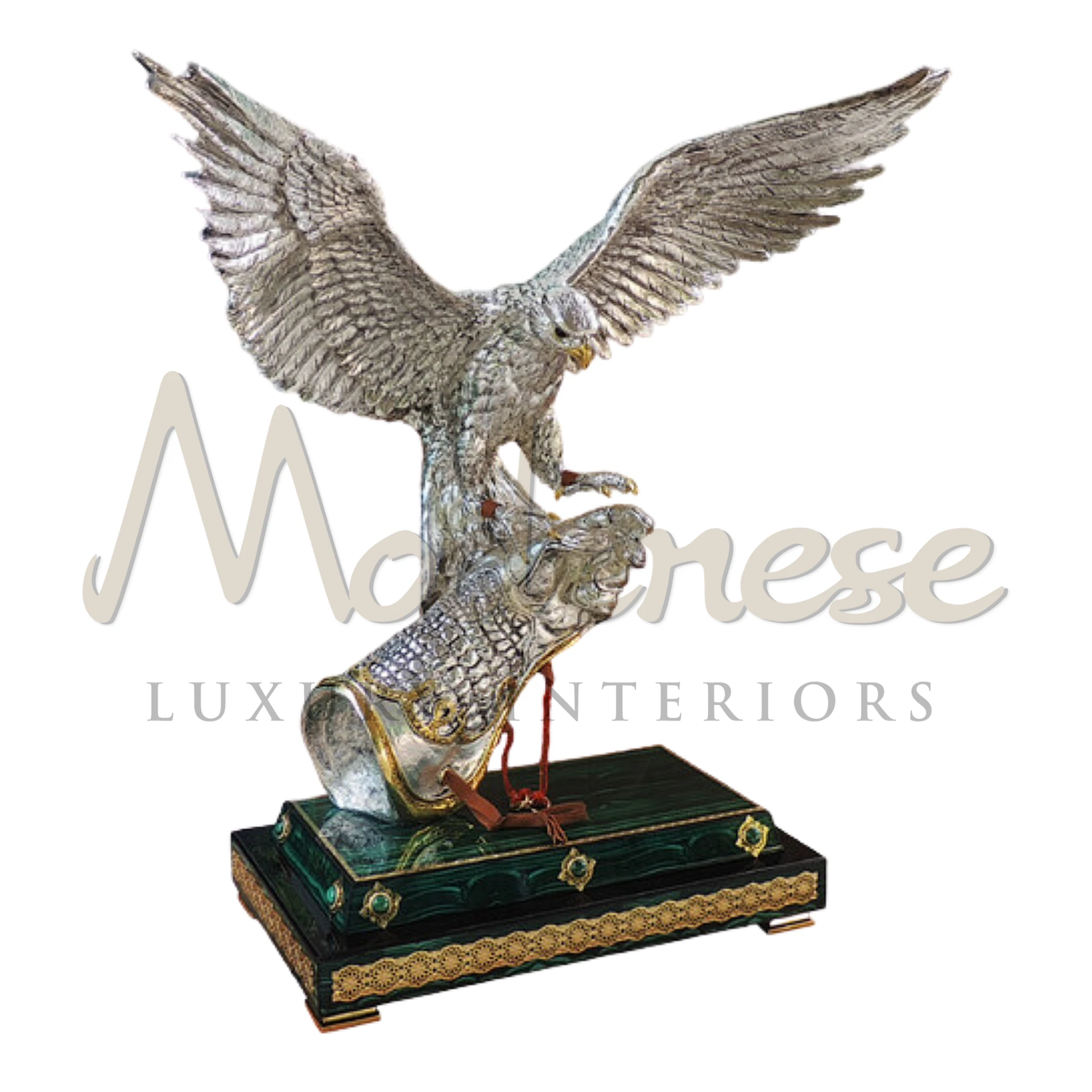 Regal Silver Falcon statuette in majestic stance, with wings spread, enhancing luxury interior design with classic and baroque style elegance.