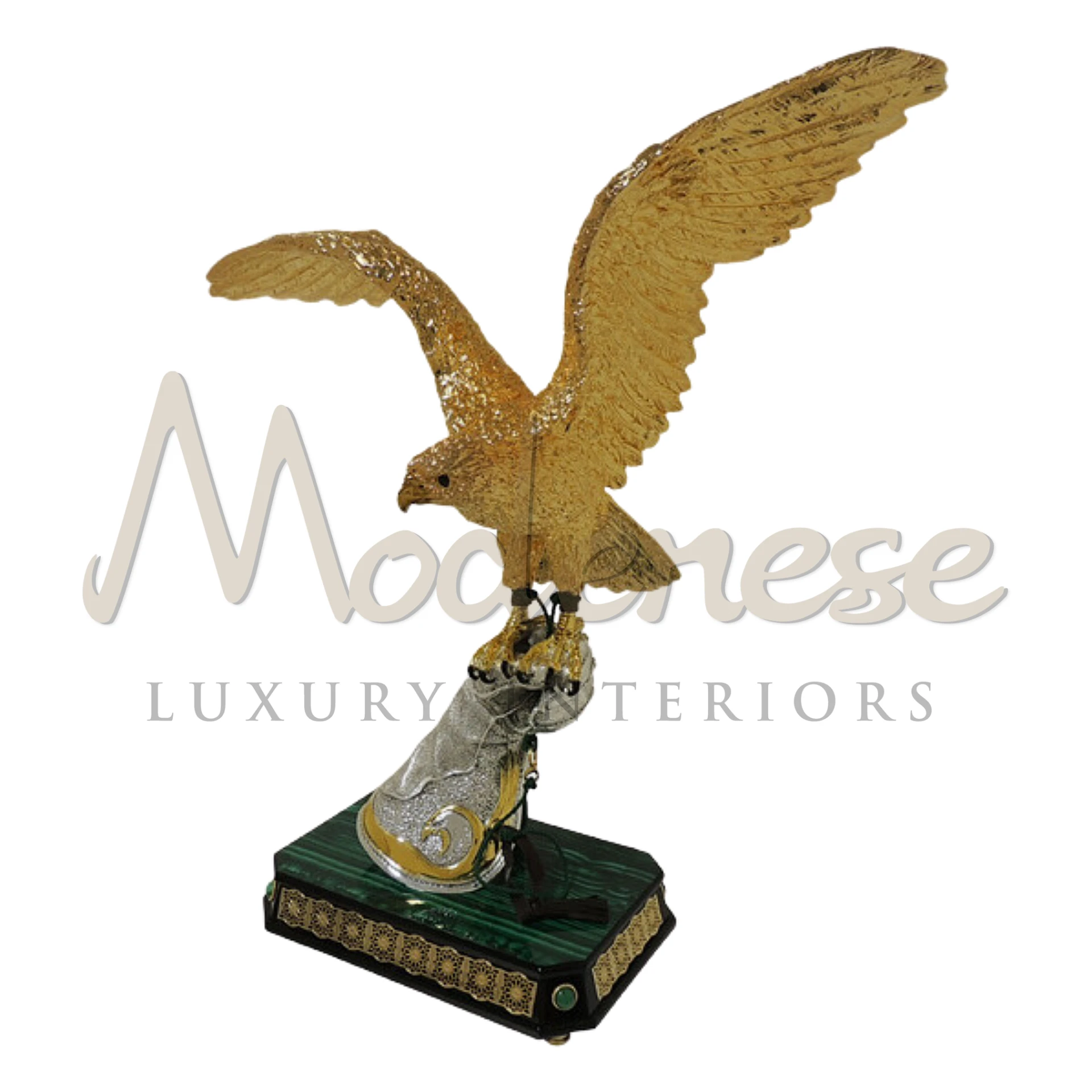 Gorgeous Gold Falcon ornament, featuring sleek modern design and intricate details, ideal for adding luxury and elegance to interior décor.






