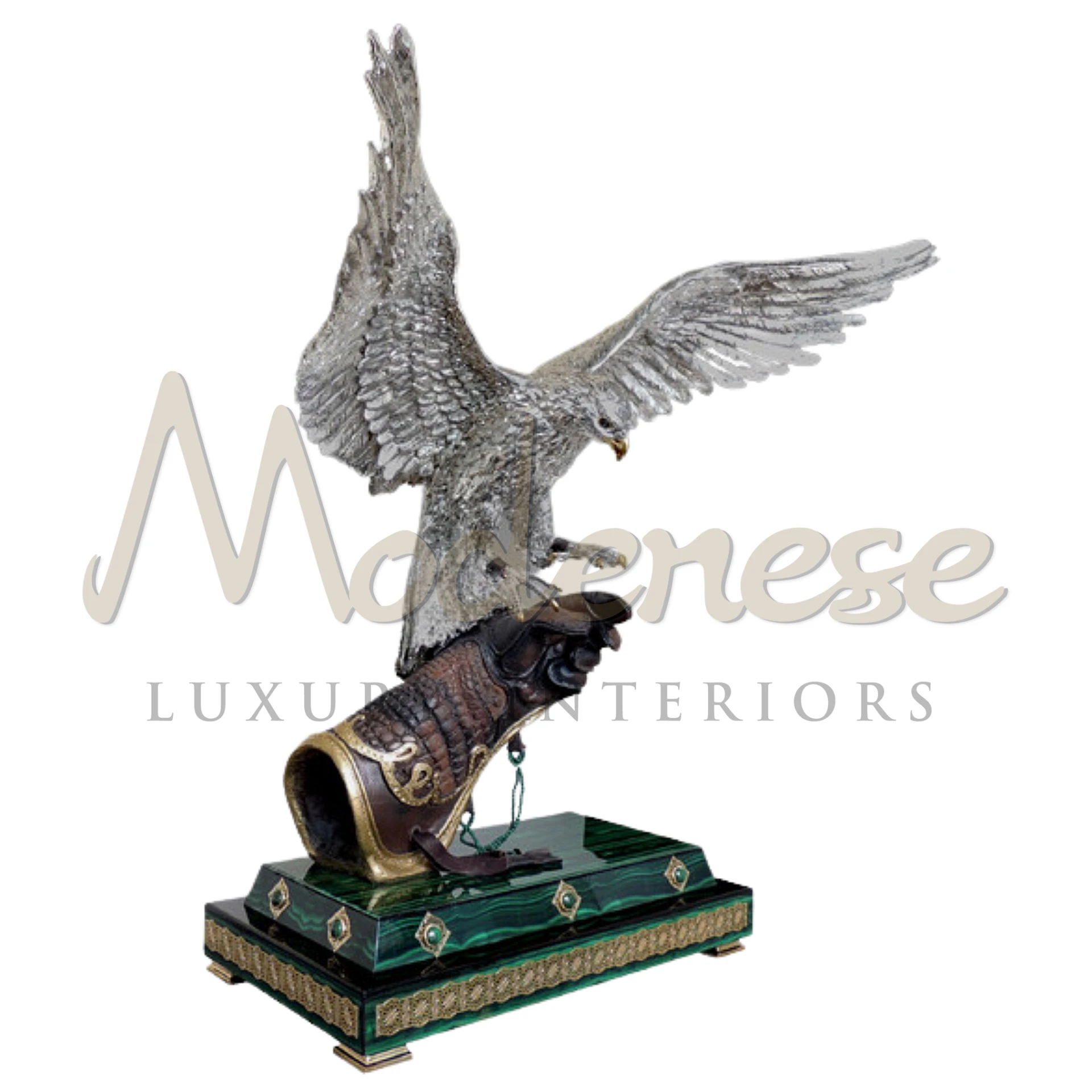 Royal Silver Falcon, a statuette symbolizing freedom and power, perfect as a statement piece for luxury and classic styled interior décor.