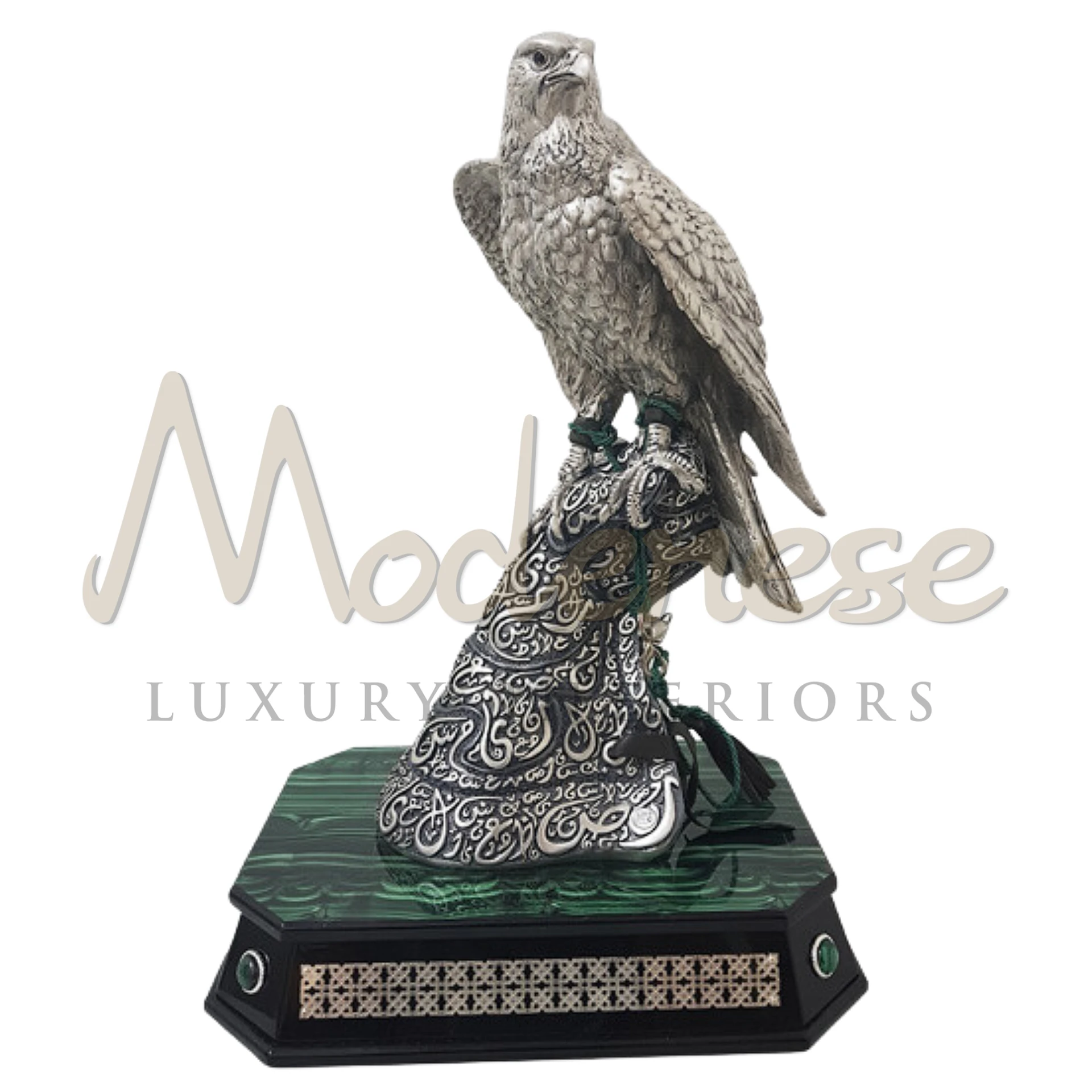 Luxury Falcon ornament, exquisitely crafted in silver, glass, or crystal, showcasing the elegance and grace of a falcon in flight for sophisticated décor.