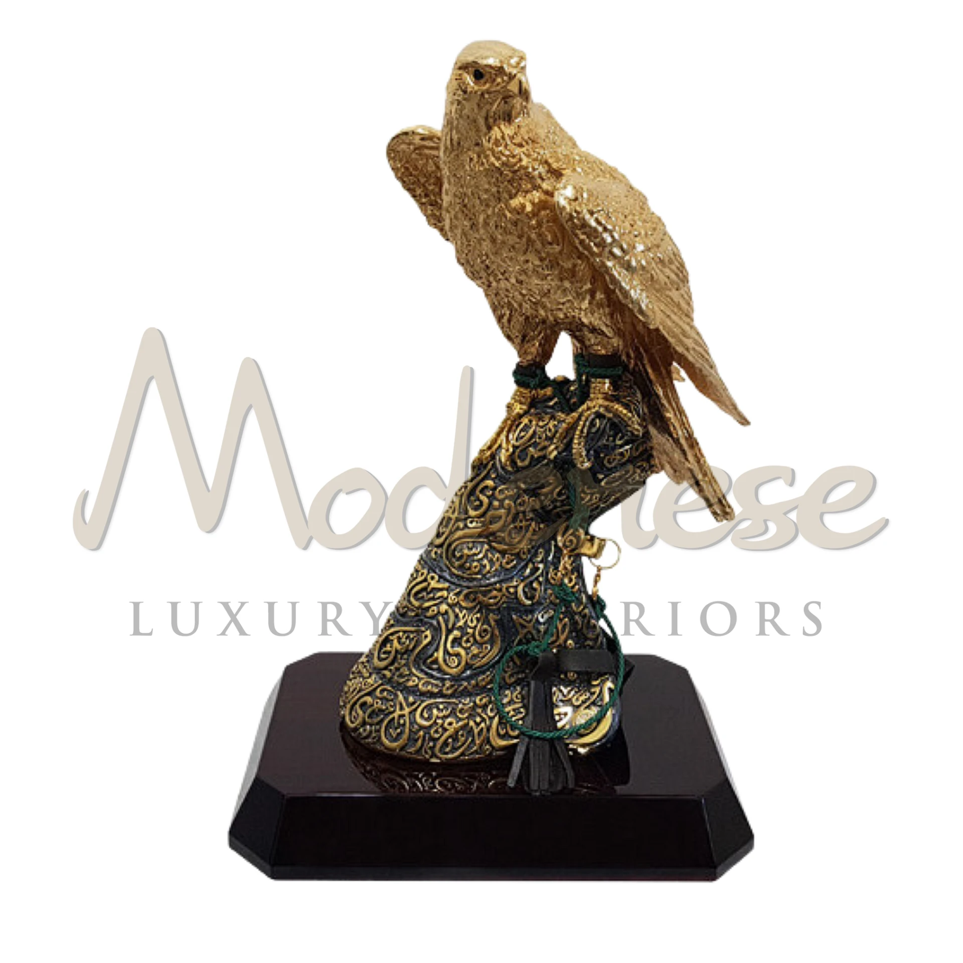 Designer Gold Falcon ornament in various dynamic poses, with luxurious gold finish and intricate detailing, ideal for sophisticated home or office décor.