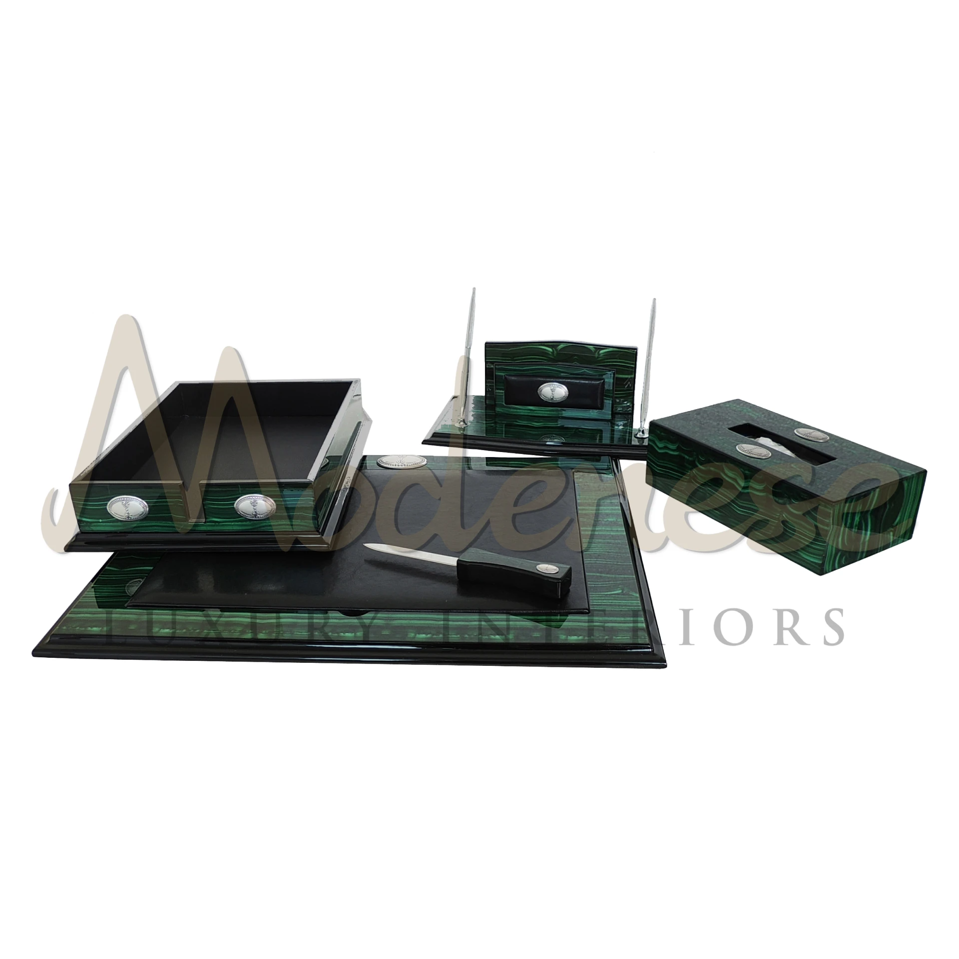 Dark Green Writing Desk Set from Modenese, featuring elegant office accessories for a cohesive and luxurious workspace in classic and baroque style.






