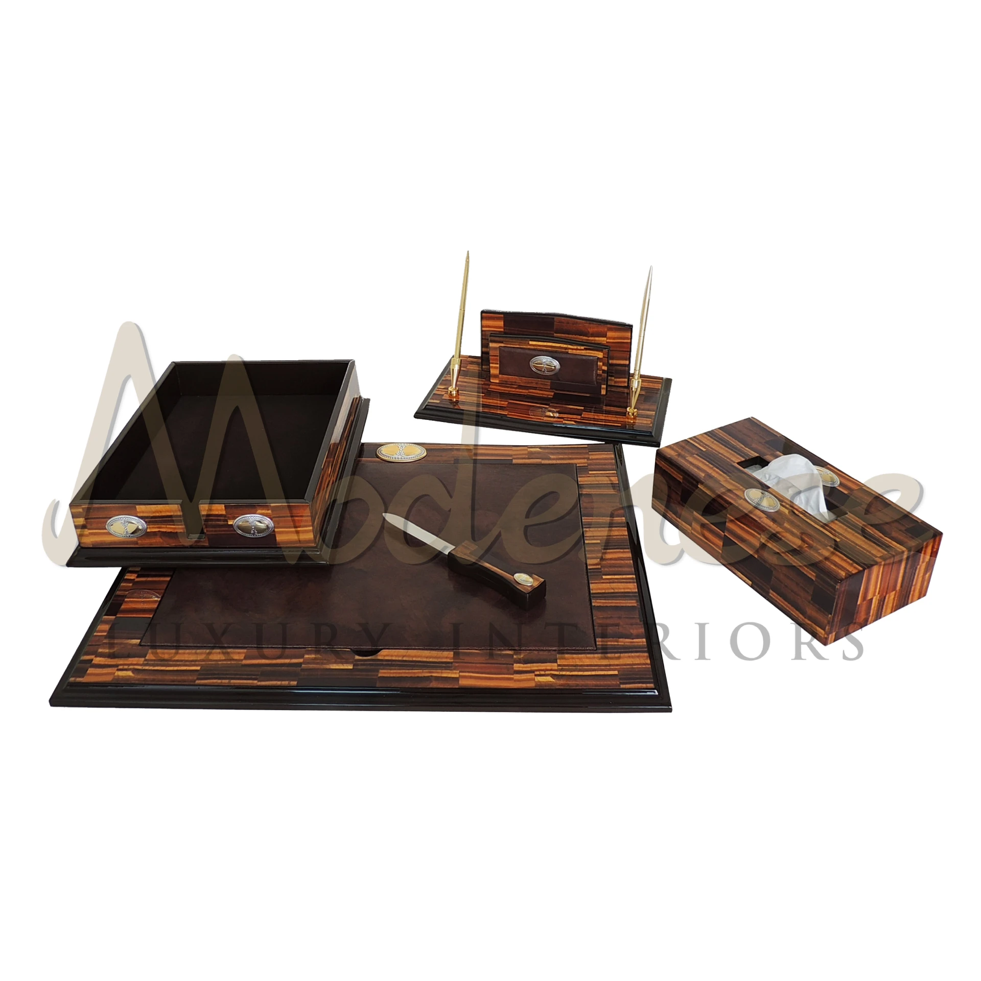 Dark Brown Writing Desk Set, with elegant writing instruments and accessories in rich wood finish, offering a cohesive, stylish workspace solution.






