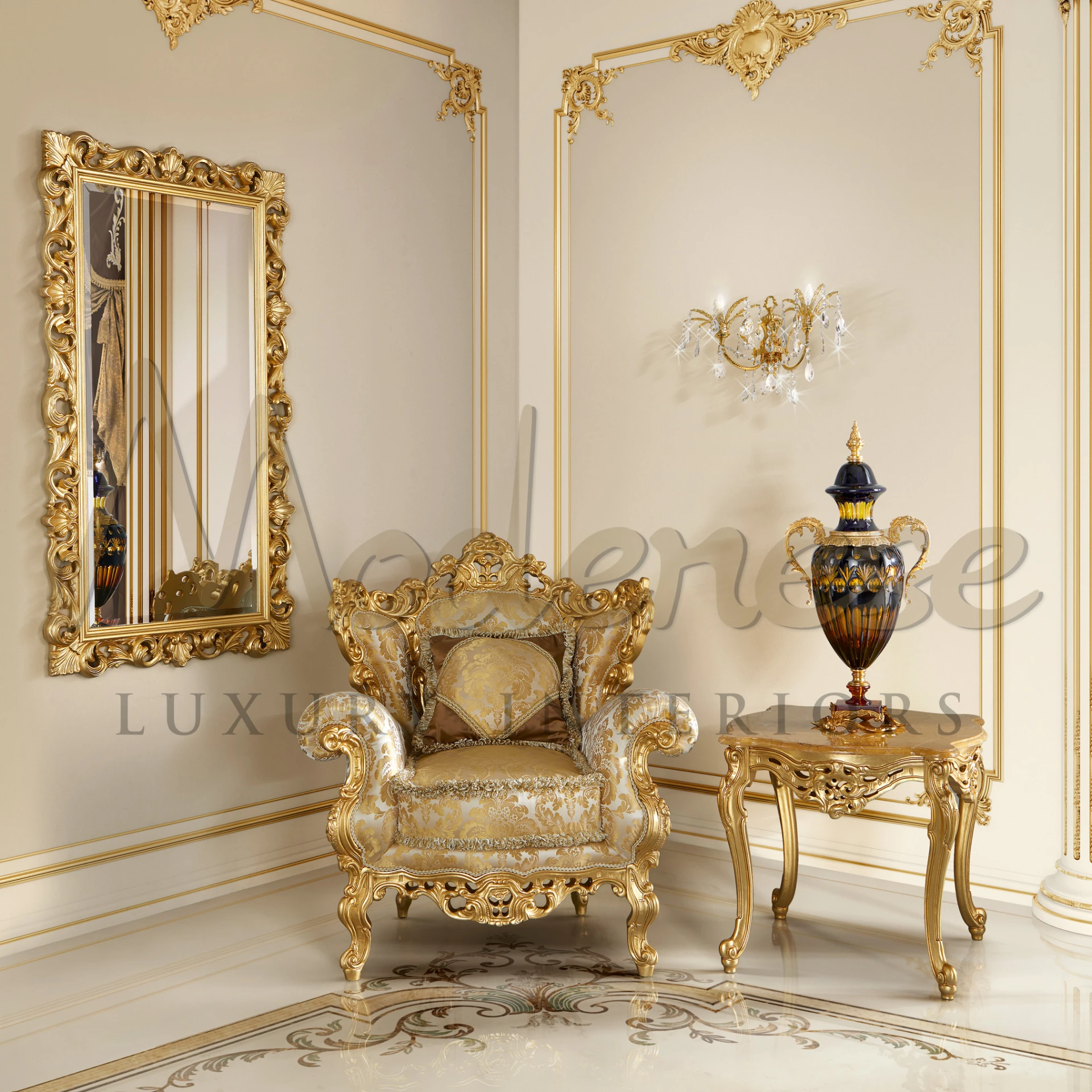 Premium Baroque Armchair with luxurious style, designed by Modenese with Venetian style furniture influence and high-quality materials.
