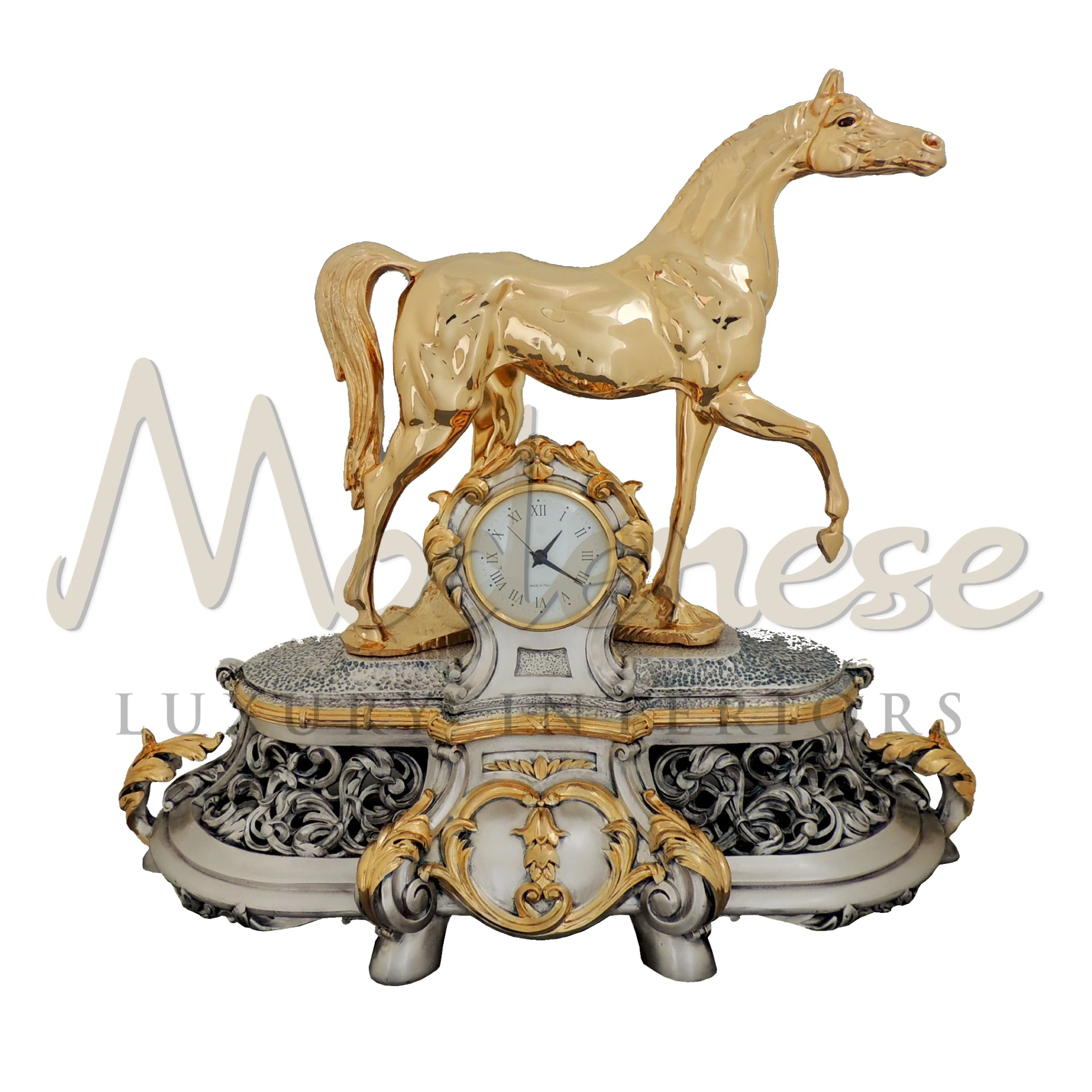 Classical Gold Horse Table Clock with intricate gold detailing and traditional clock face, embodying equestrian elegance for luxurious home.






