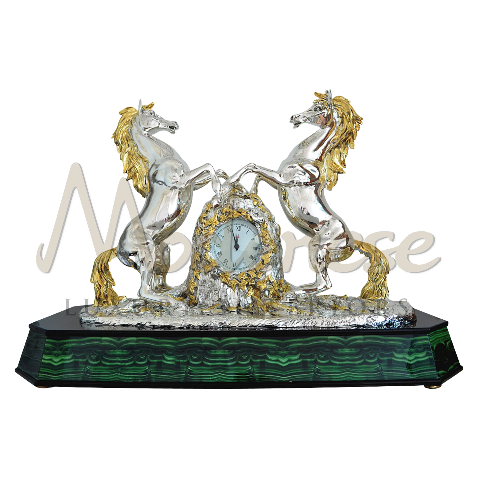 Elegant Silver Horses Table Clock, featuring dynamic horse motifs in silver, captures the essence of movement and elegance in luxury home or office decor.






