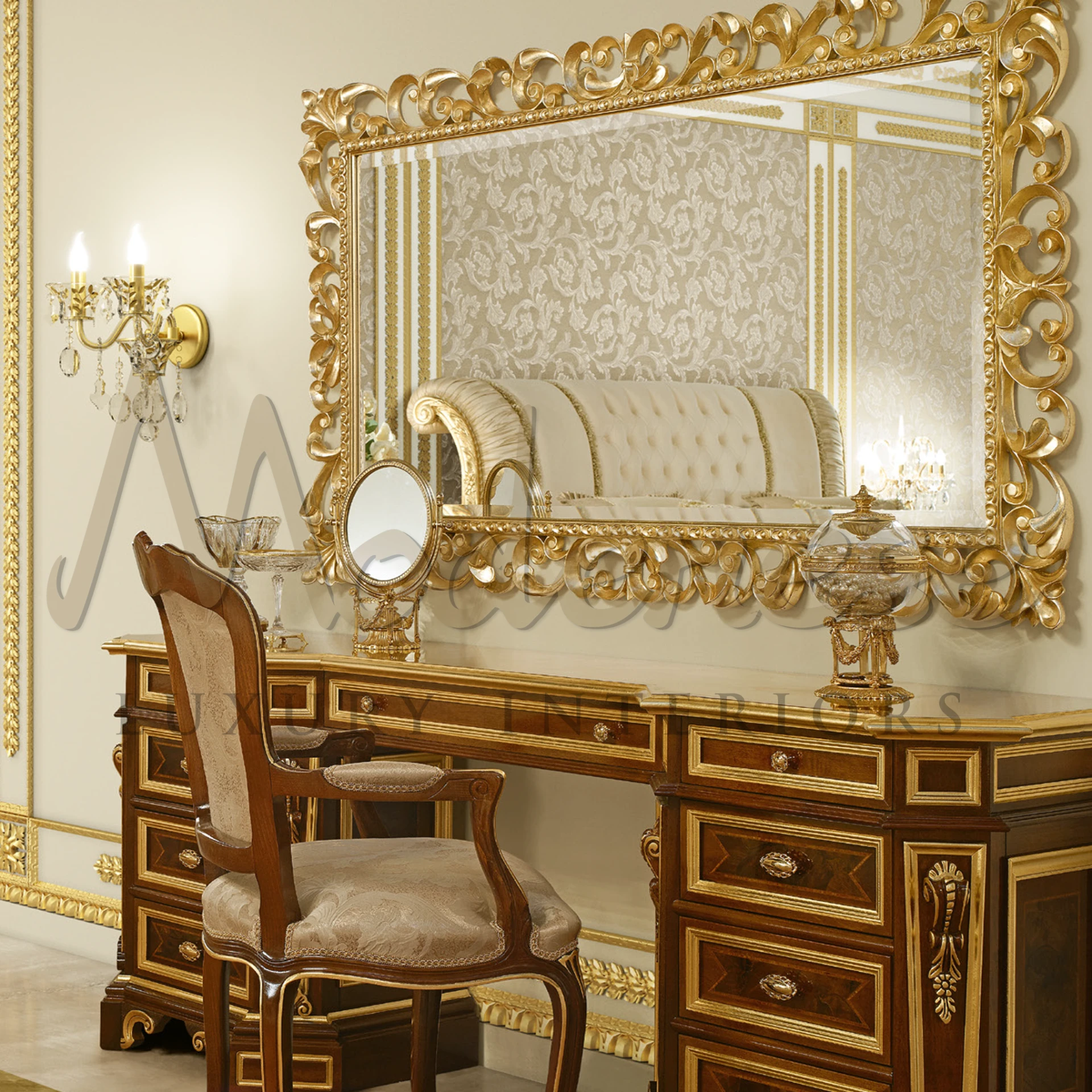 Luxurious Imperial Mirror with intricate carvings and filigree in a classic design, embodying opulence and handmade craftsmanship in home decor.





