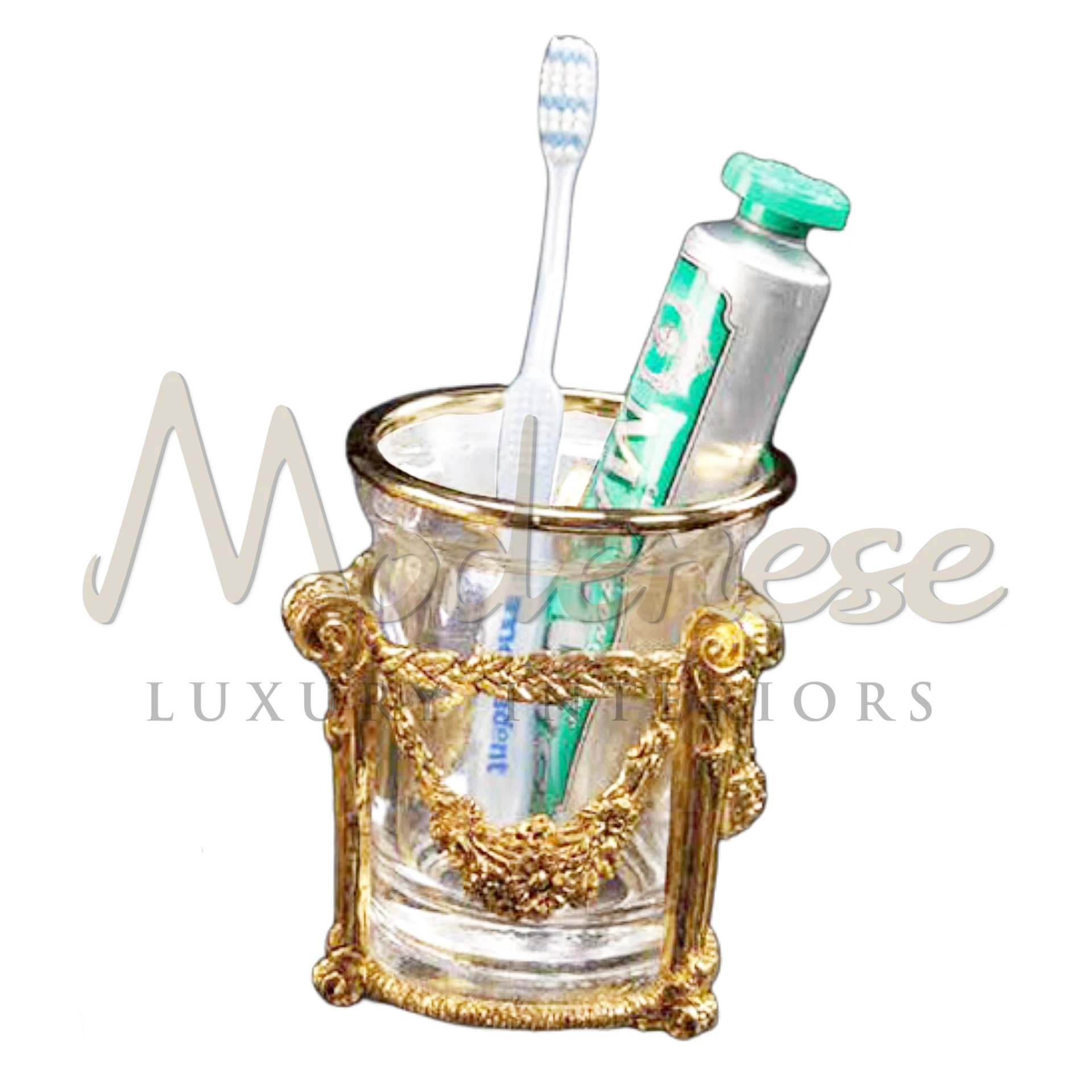 Baroque Gold Toothbrush Holder with elaborate ornamentation, adding a touch of opulence and drama to the bathroom interior design.