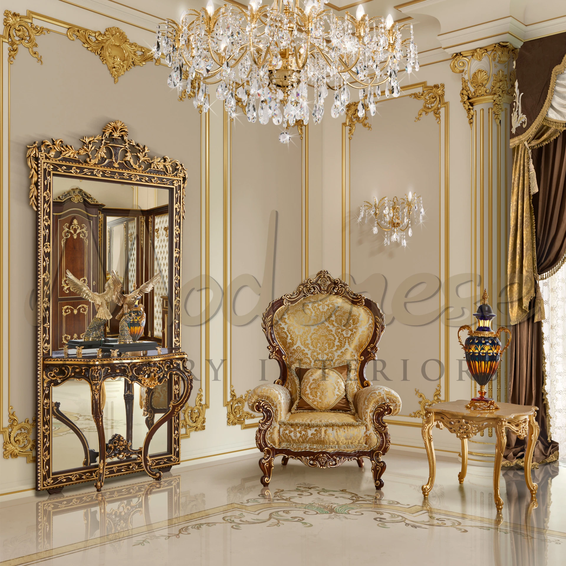 Elegant throne-like Golden Rococo Armchair, featuring classic walnut finishing and gold leaf details for a regal home decor.
