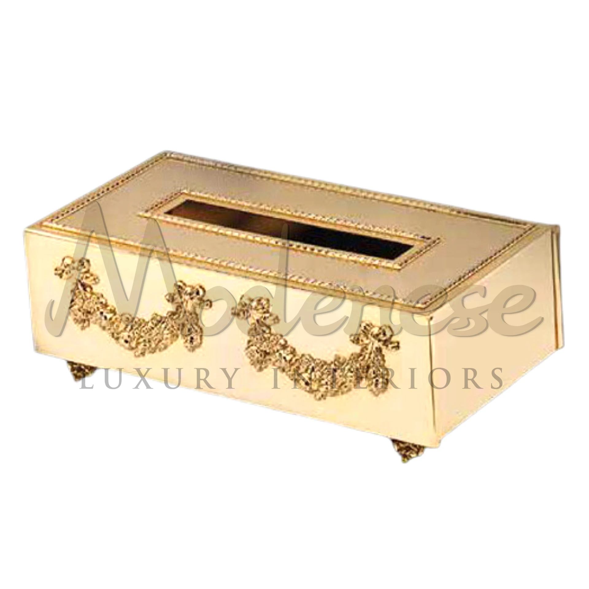 Classical Gold Tissue Cover with intricate patterns, adding elegance to bathroom decor alongside items like toothbrush holders and soap dispensers.






