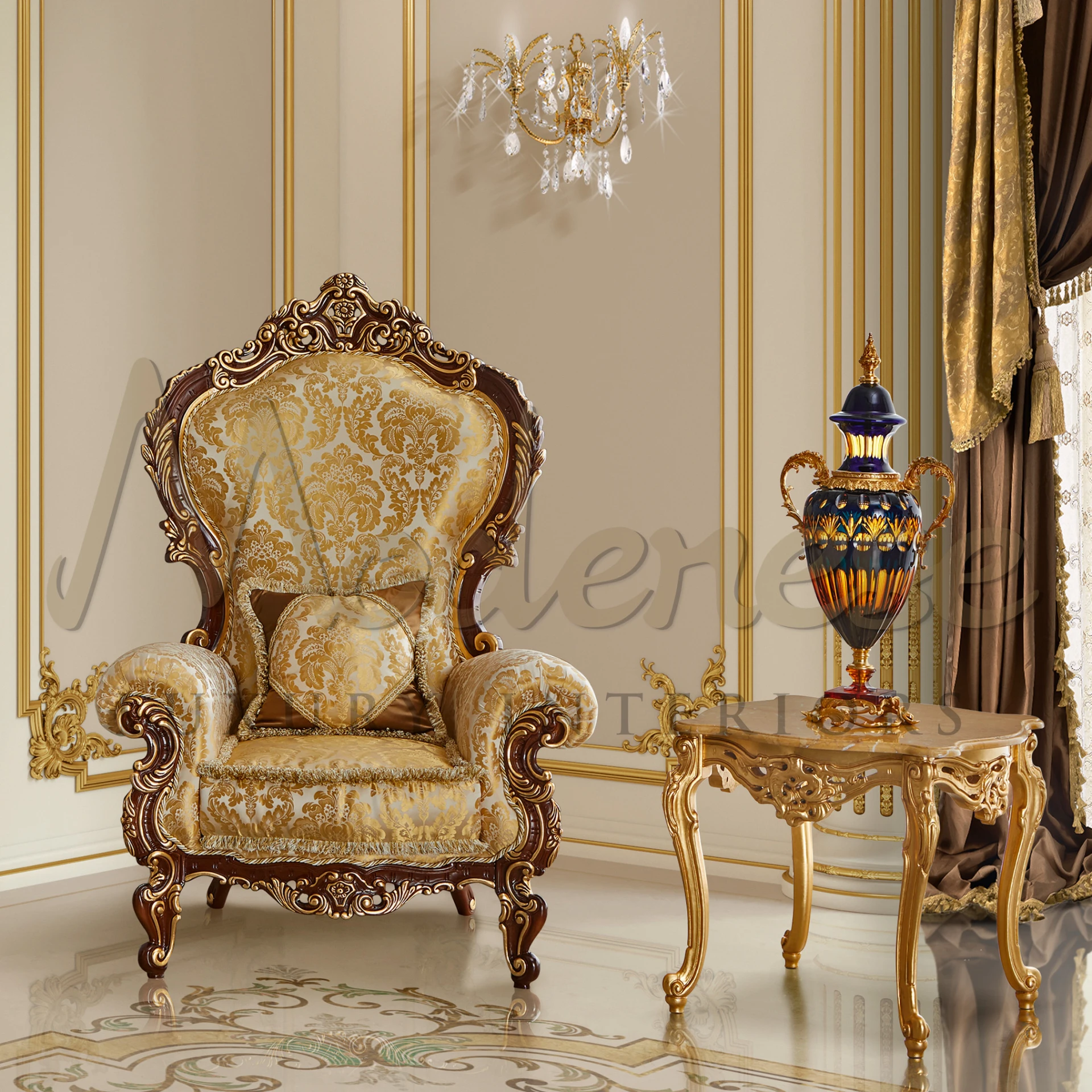 Luxury Golden Rococo Armchair in rococo style, with Italian design elements and pattern fabric for sophisticated interiors.