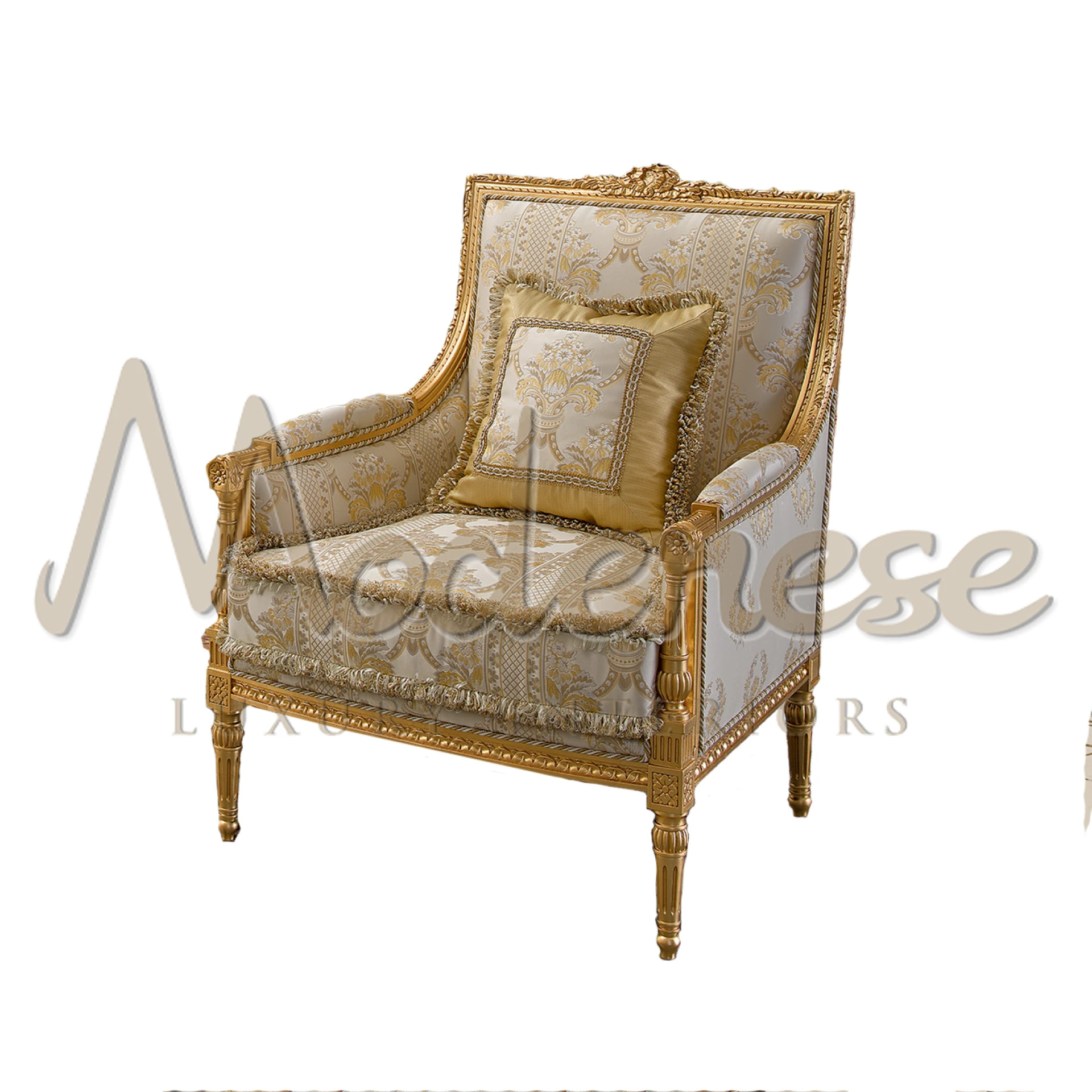 Sophisticated Empire Armchair with classical inspiration and gold leaf structure finishing, perfect for luxury interior design.
