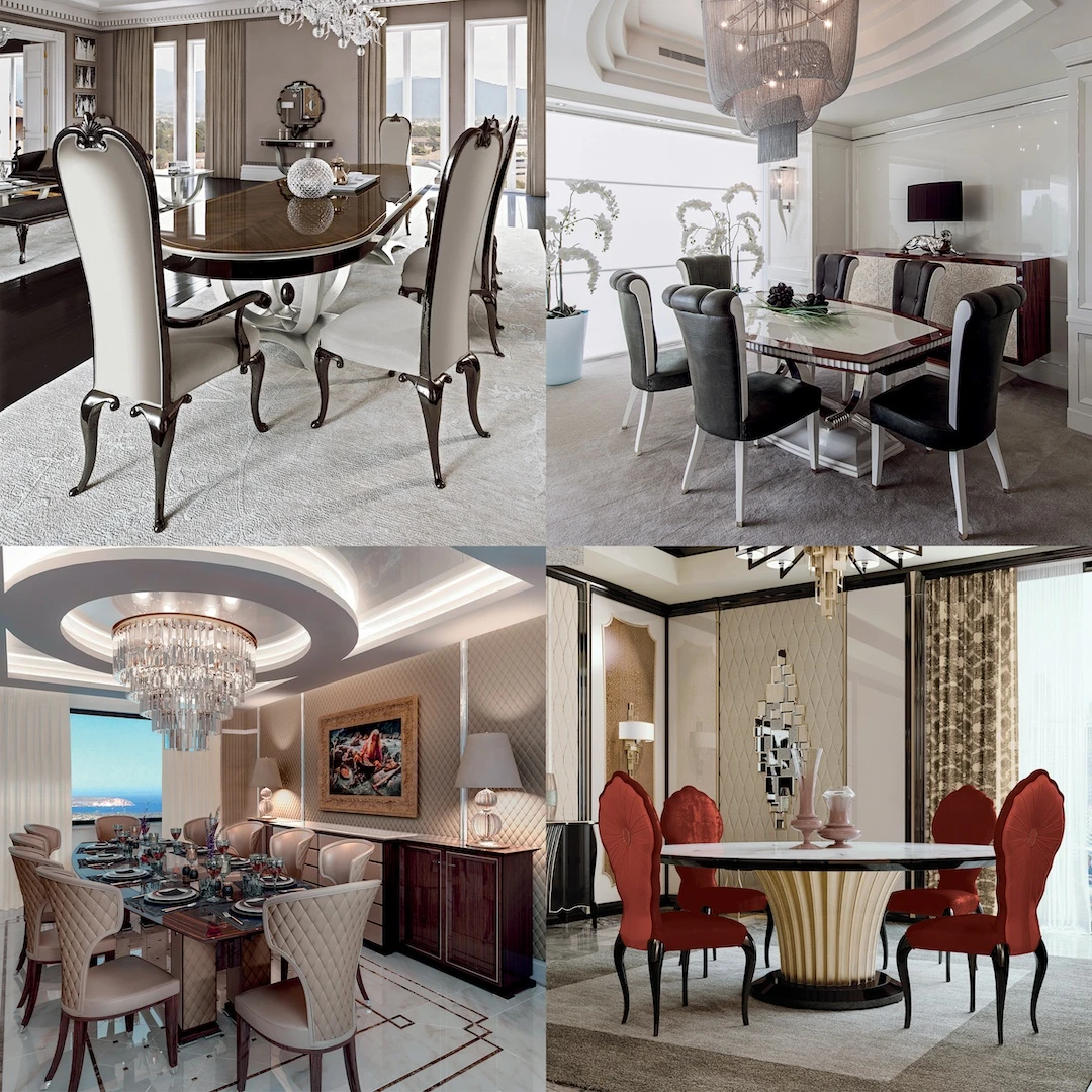 Dining room designs for contemporary palaces and villas with handmade in italy furniture tables and chairs