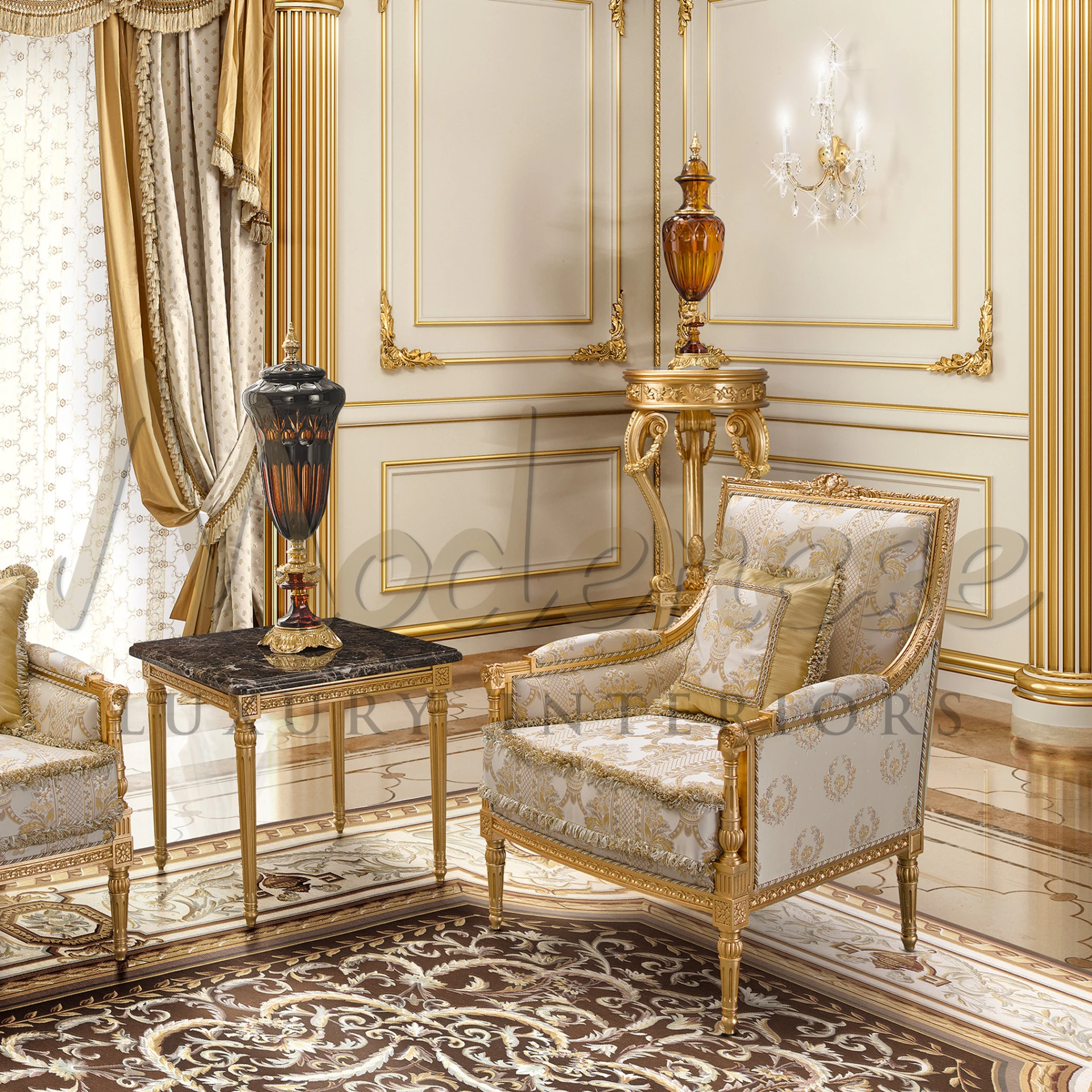 Elegant Empire Armchair in baroque design, combining luxury fabric and Italian upholstery for sophisticated home decor.