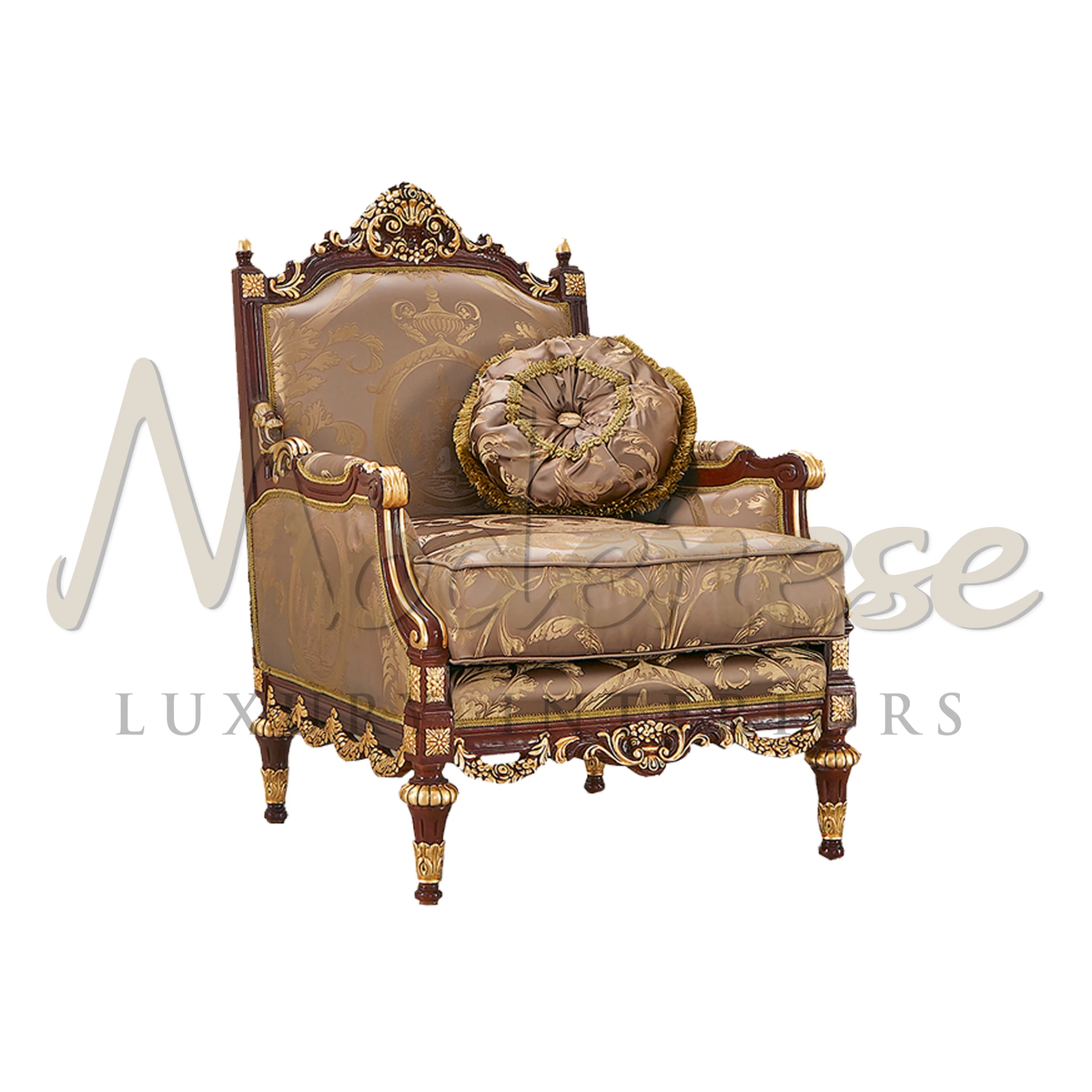 Elegant Classic French Brown Armchair with comfort-oriented forms and dimensions, featuring exquisite lines for luxury interiors.
