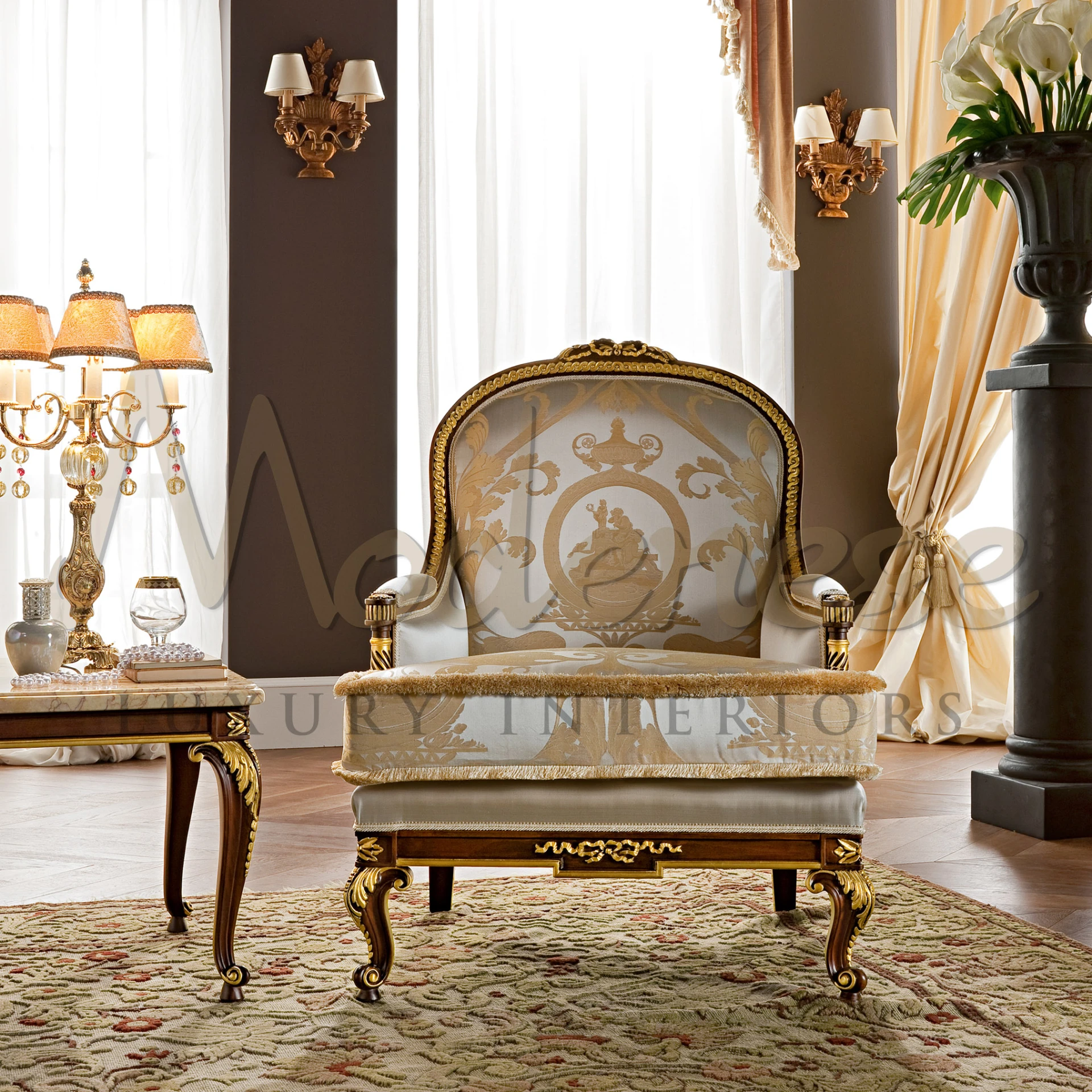 Refined Beige Victorian Armchair in Venetian style, a masterpiece of luxury armchairs with high-quality pattern fabric.
