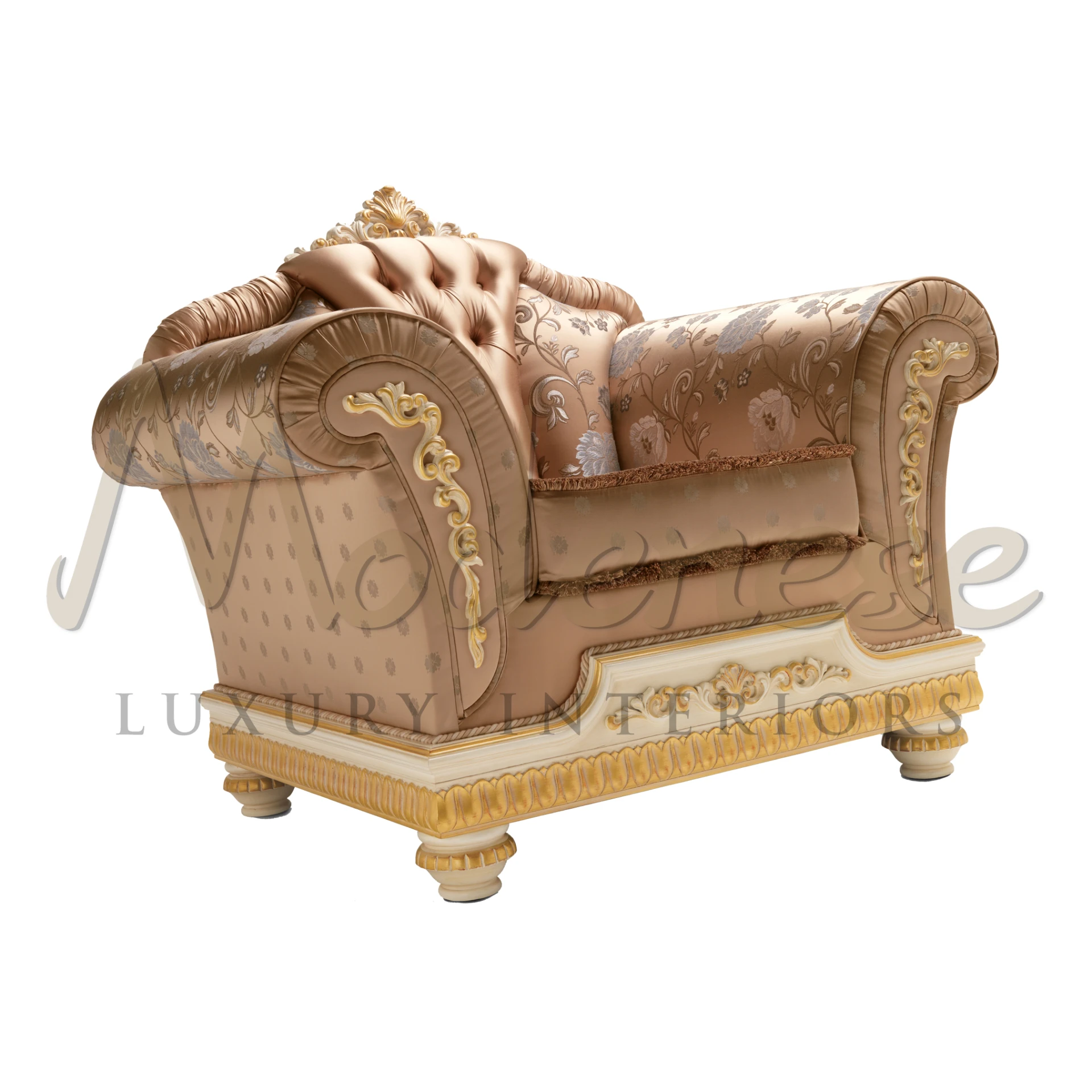 Refined Classic Capitonne Armchair featuring classic walnut finishing and gold leaf details, a true art piece for luxury interiors.
