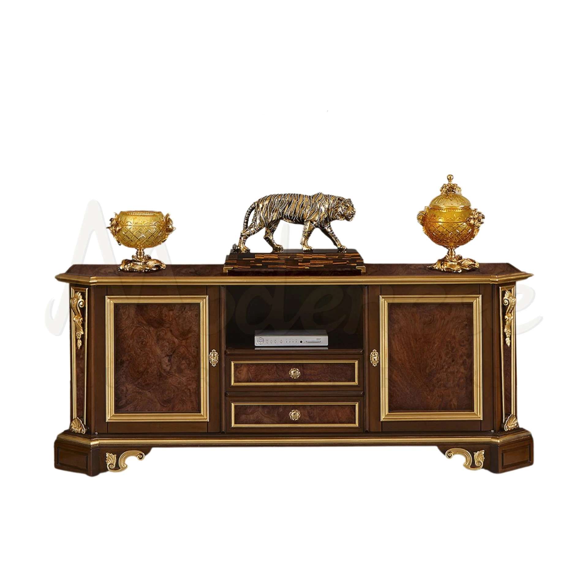 Classic Style TV Stand with gold leaf ornamentation, Italian design for a warm, luxurious living room atmosphere.