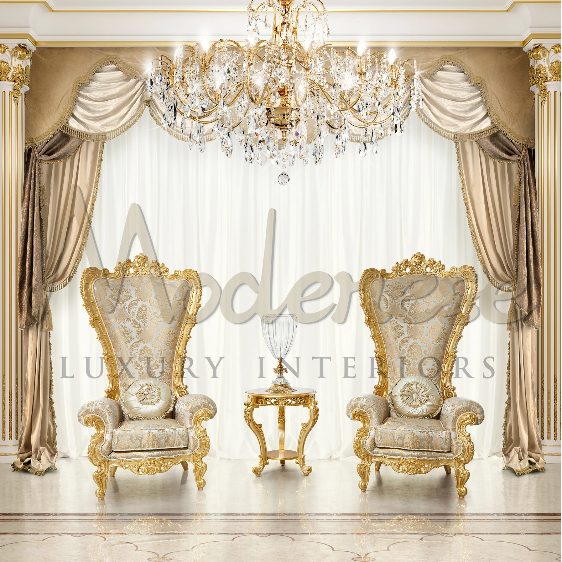  Luxurious Royal Throne Armchair, enriched with gold leaf carvings and sophisticated finishes, embodying regal elegance.
