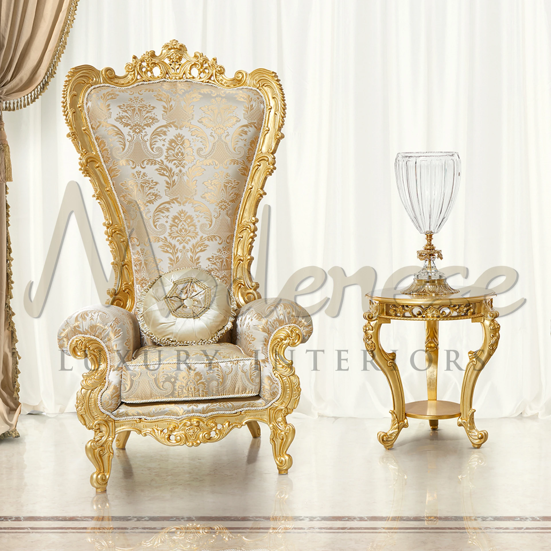 Handcrafted Royal Throne with new decorations and elegant finishes, created by skilled artists for a majestic interior design.
