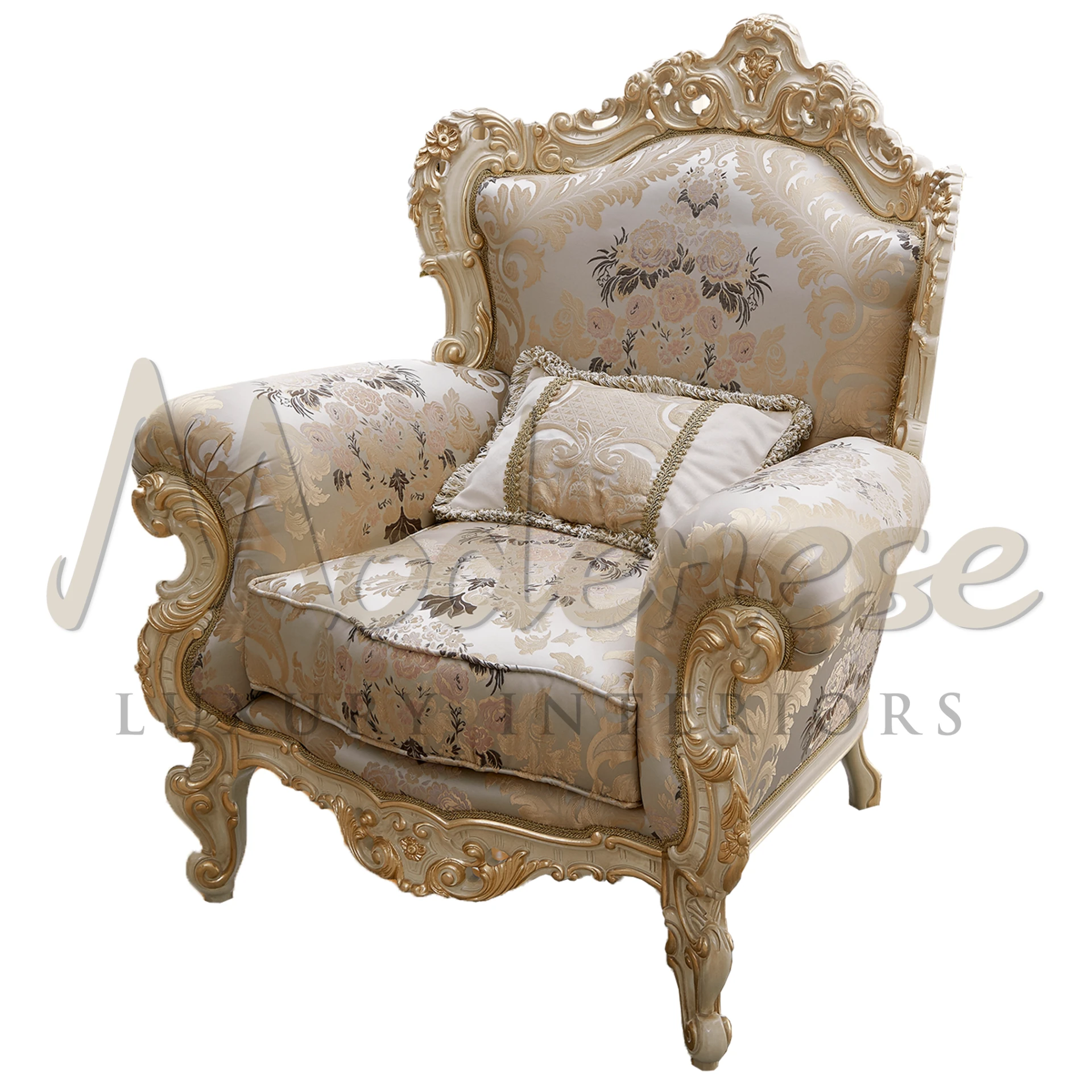 Luxurious Baroque Upholstered Armchair with unique flower design and elegant mixed fabric for a sophisticated interior.
