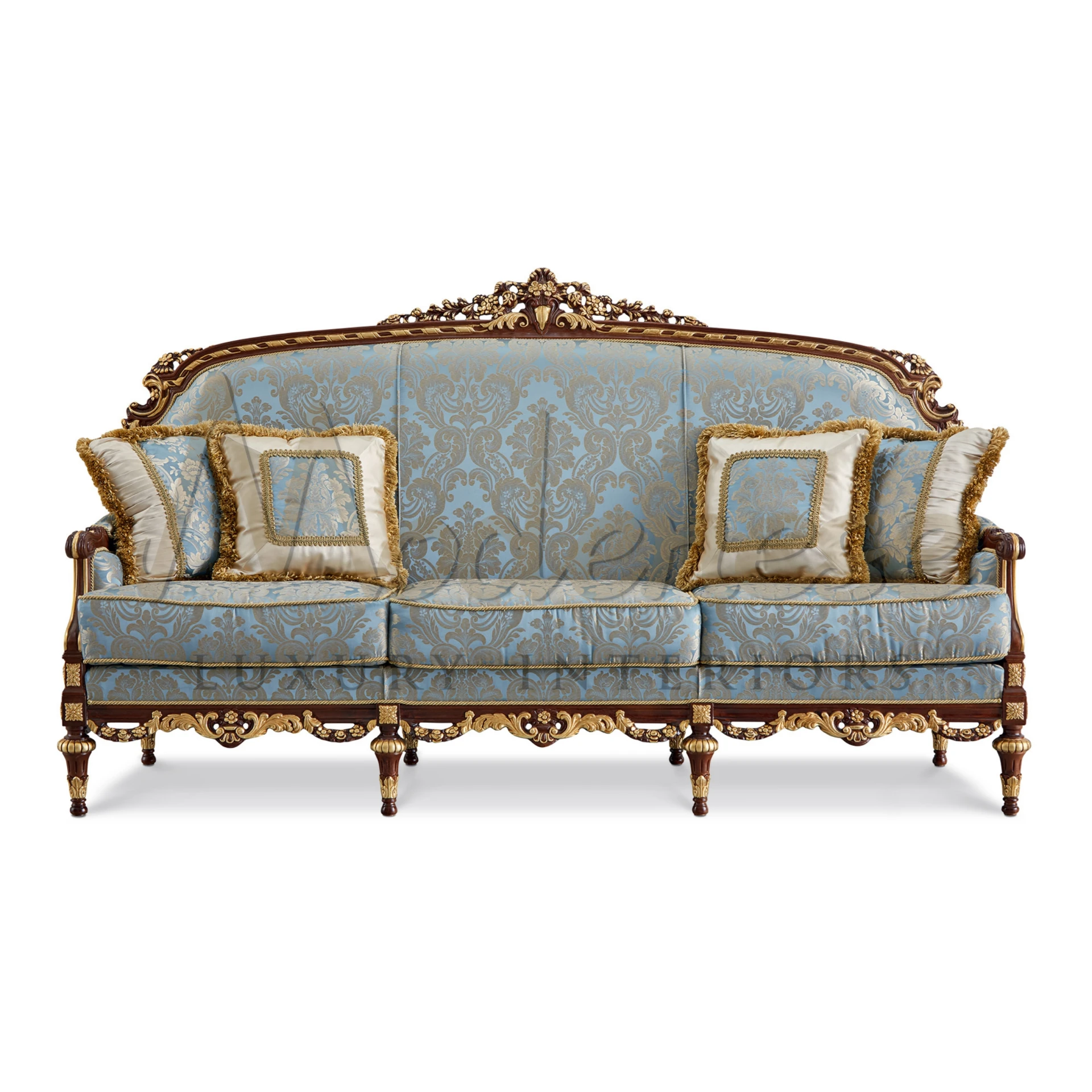 Opulent Imperial Sofa with hand-carved, gilded details and silk-blend fabric, embodying traditional artisanal craftsmanship.