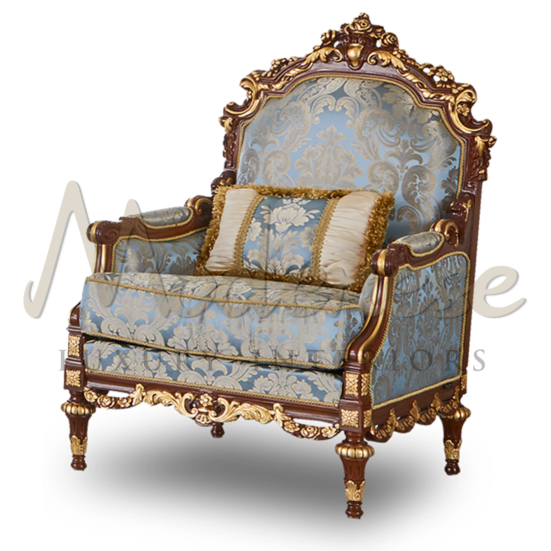 Royal Empire Light Blue Armchair with sturdy frame and comfortable seating, adorned in sky blue pattern fabric for elegance.