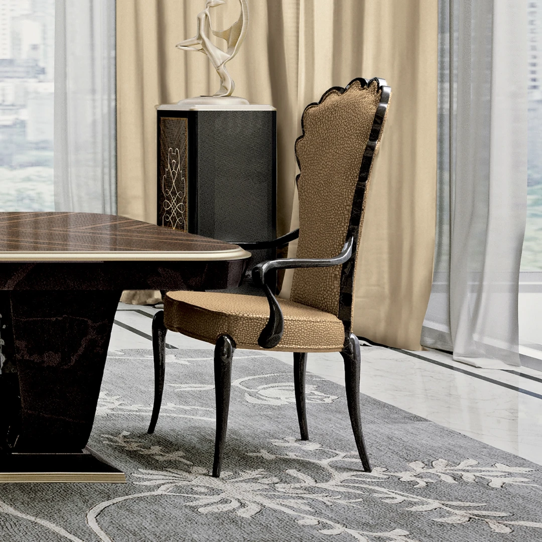 Add sophistication to your dining area with our luxurious armrest chairs, offering both comfort and style for your guests.