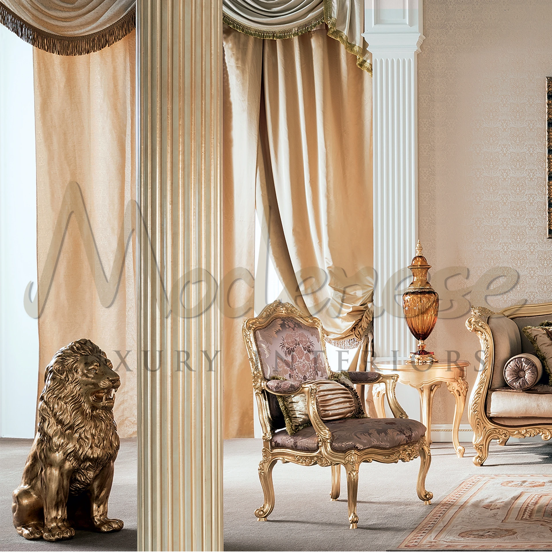 Luxury Beige Armchair from Modenese Furniture, showcasing classical design with solid wood frame and pattern fabric.
