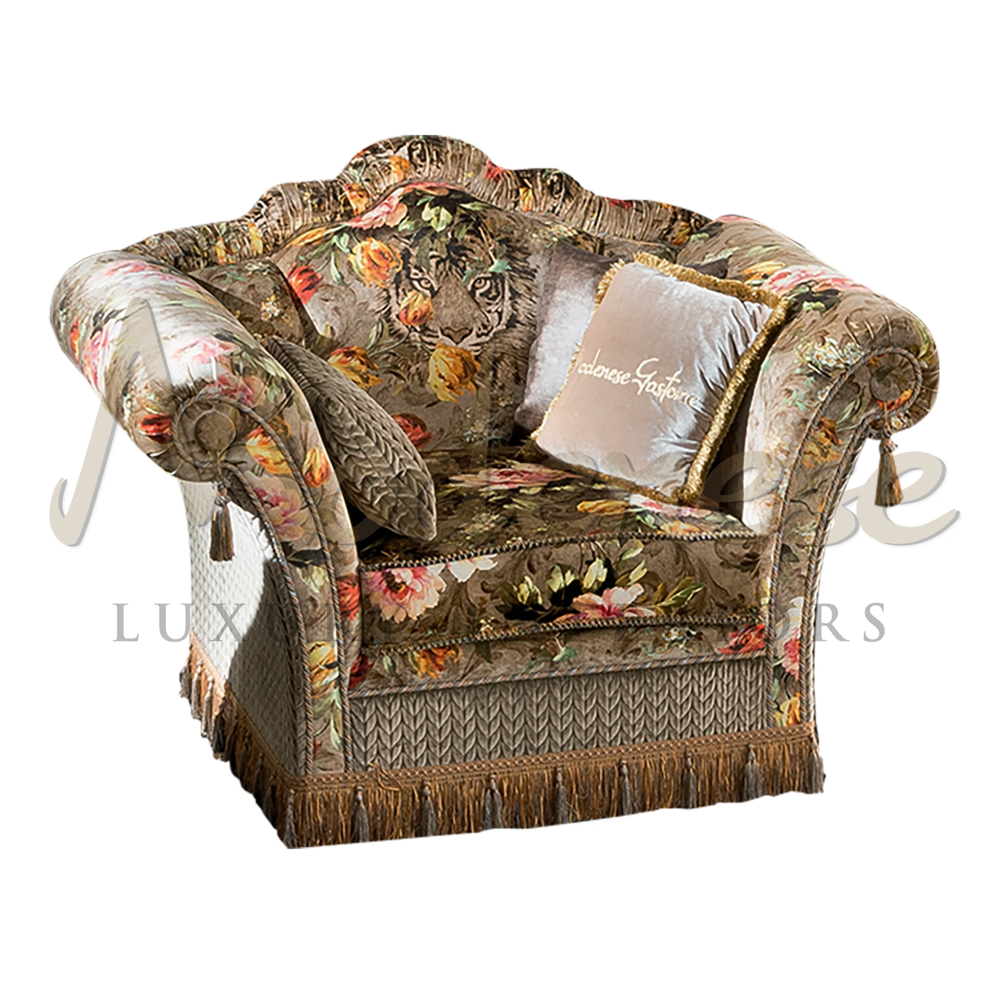 Elegant Floral Upholstered Armchair with intricate floral fabric design, adding a cozy and inviting touch to any room.