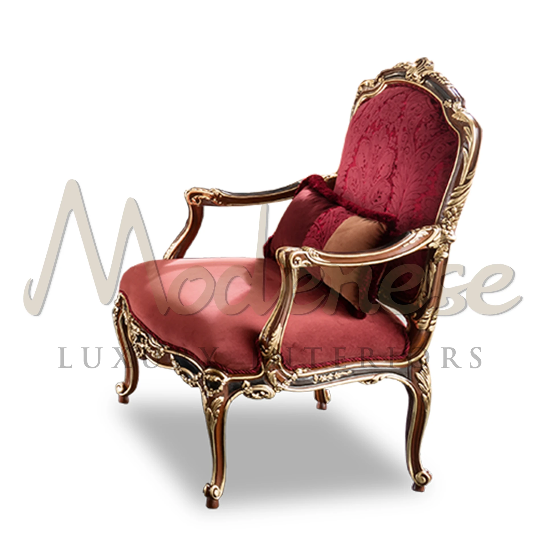 Elegant Royal Burgundy Armchair with luxurious velvet upholstery and classic walnut finishing for a regal interior design.
