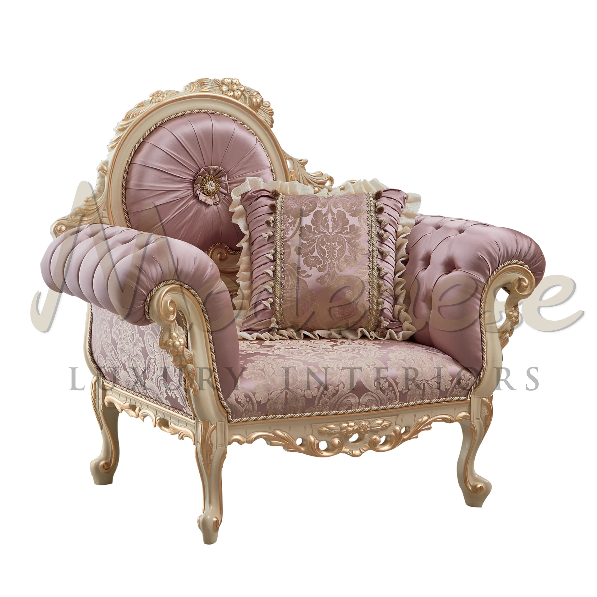 Luxurious Elegant Victorian Upholstered Armchair with ornate design, velvet upholstery, and Italian craftsmanship.
