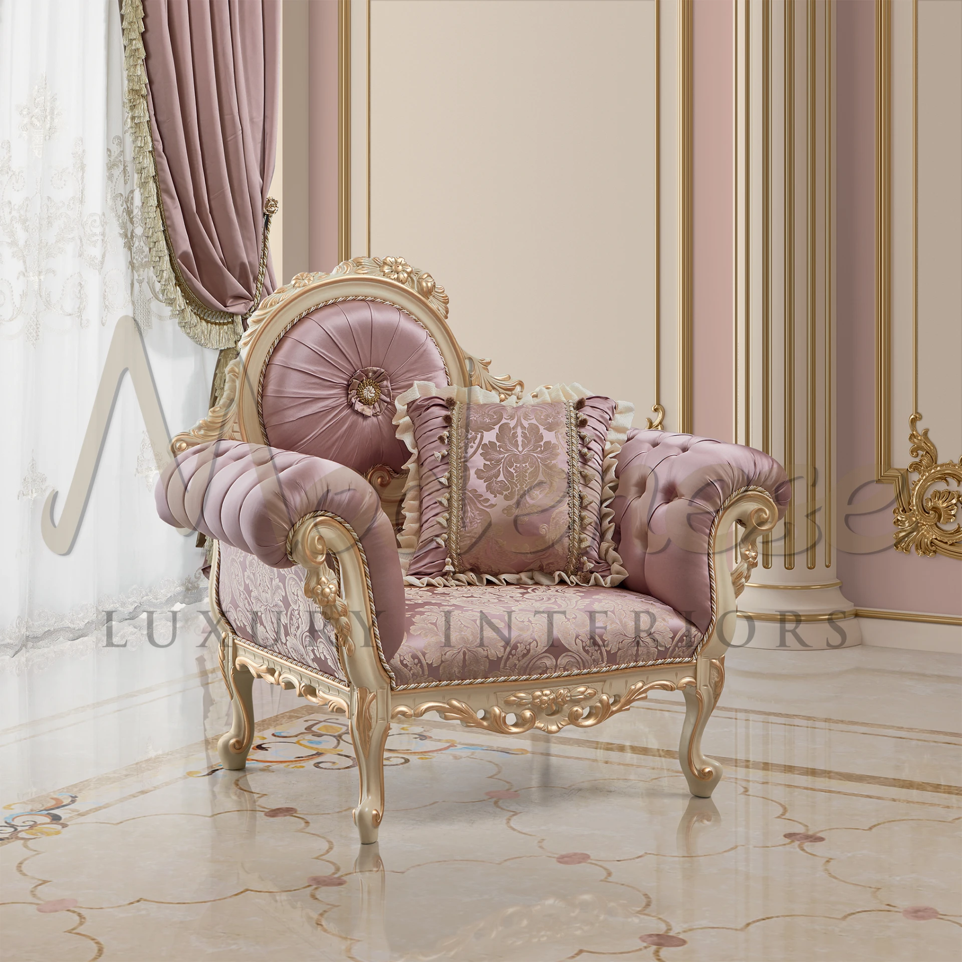 Classic Victorian Armchair with tufting and nailhead trim, featuring ivory lacquer and gold leaf details for a regal look.
