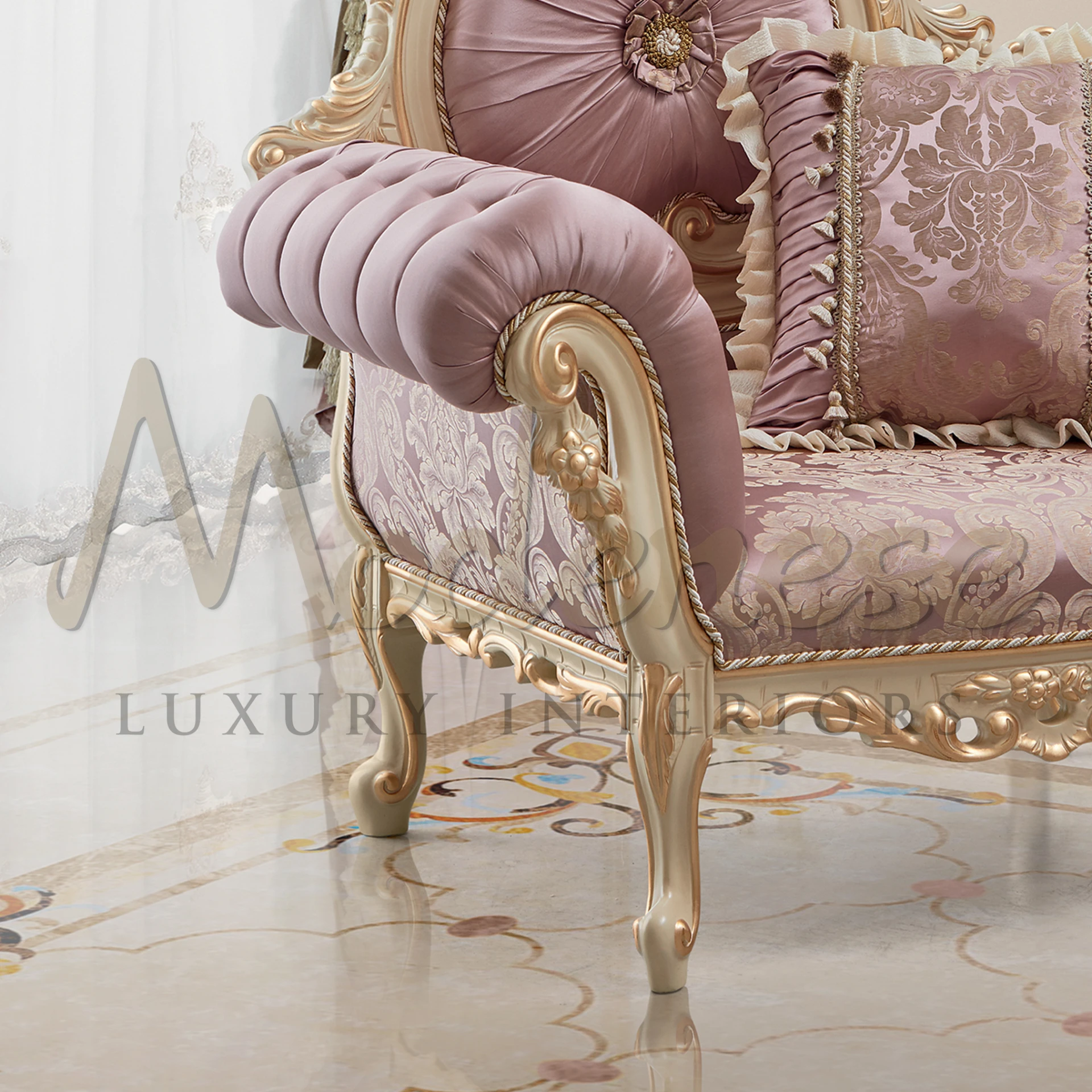 Timeless Elegant Victorian Armchair with brocade fabric and carved wood accents, embodying the sophistication of the Victorian era.
