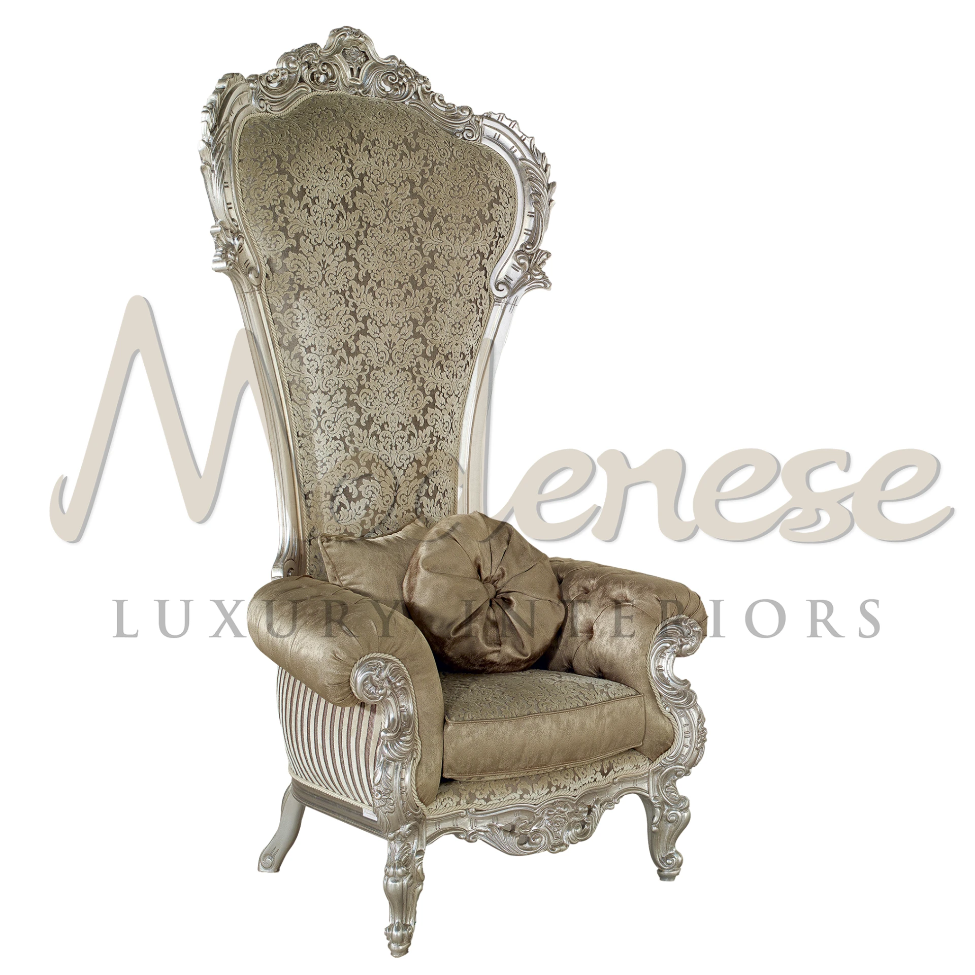 Regal Elegant Throne Armchair with luxurious velvet upholstery and grand ornate design, perfect for a royal interior ambiance.
