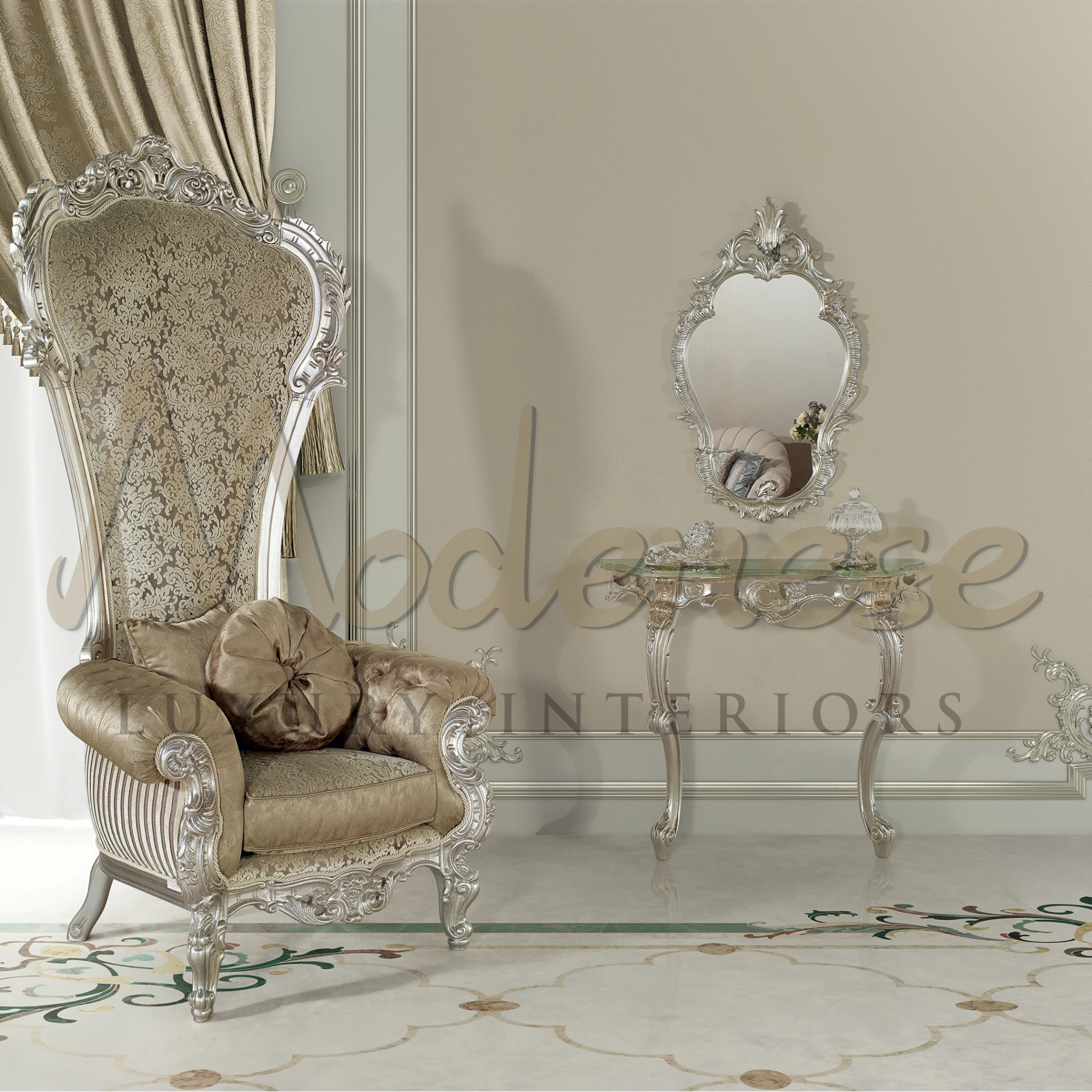 Royal Throne Armchair upholstered in brocade, with tufted details and ornate metalwork, fit for a king or queen's decor.