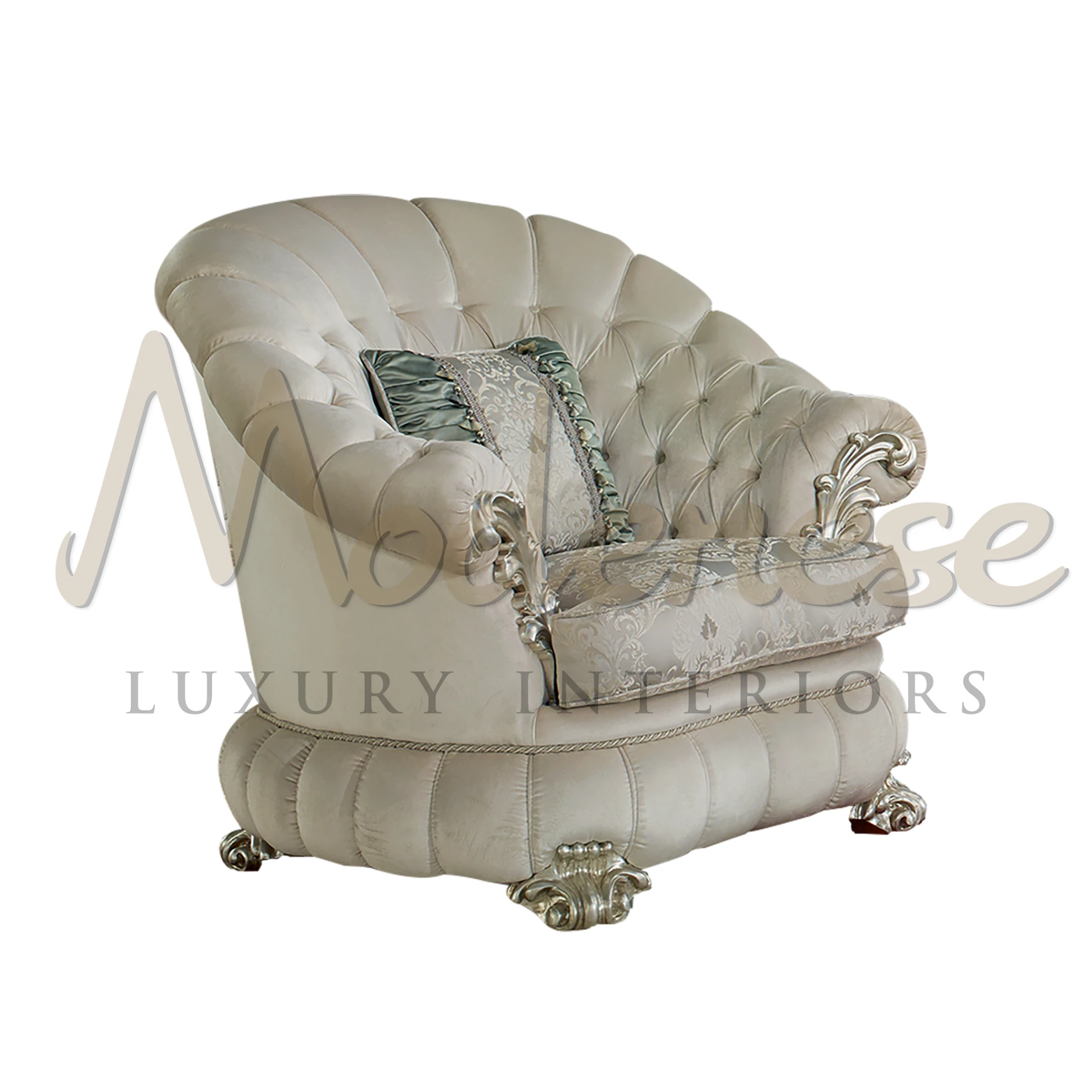  Elegant Curvy Upholstered Armchair in high-quality velvet, designed for stylish comfort with tufting and piping details.
