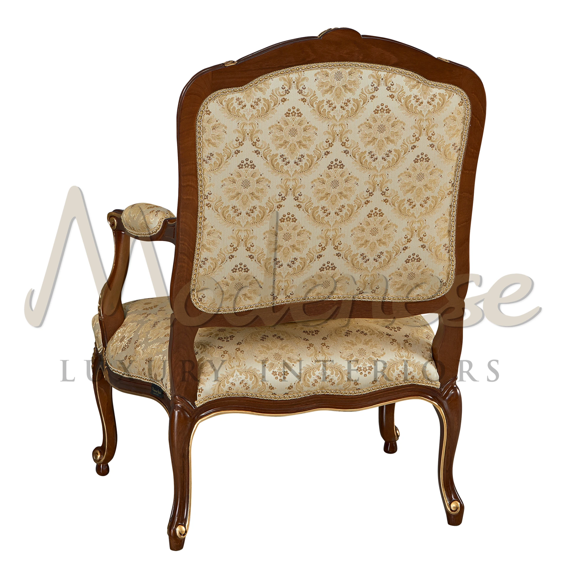 Neutral Beige Classic Armchair, ideal for any decor, showcasing Modenese craftsmanship with gold leaf carving and pattern fabric.
