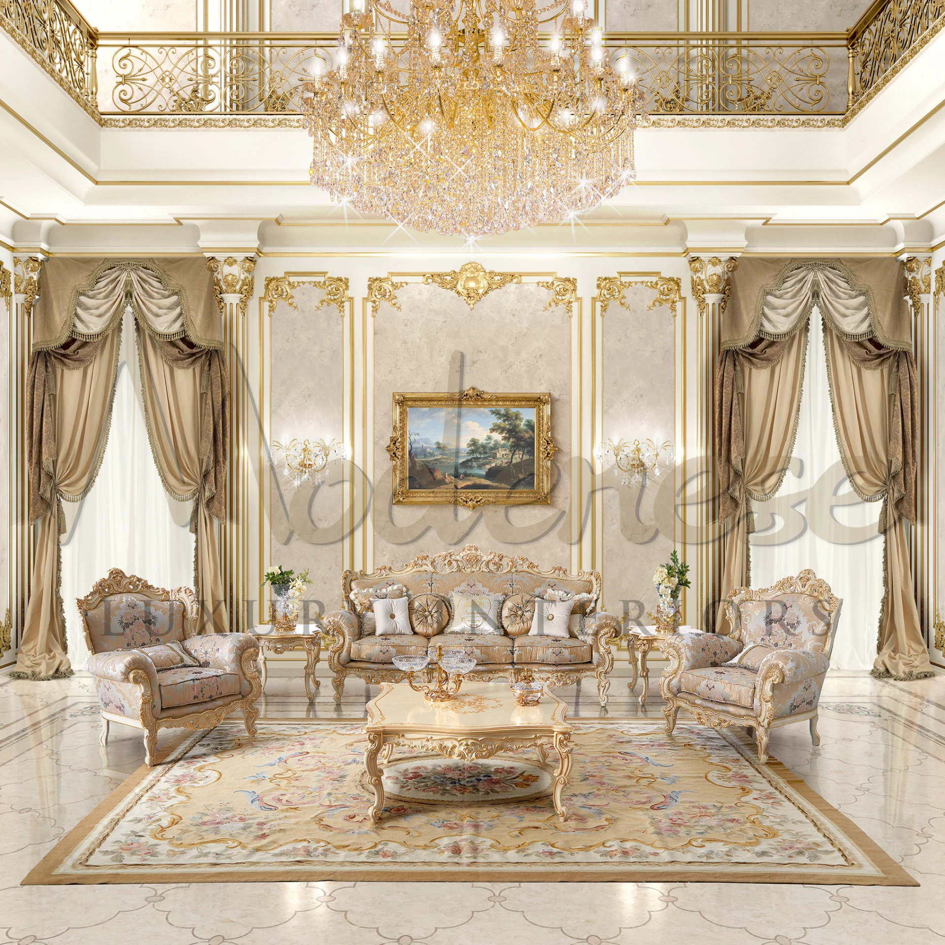 Classic luxury Venetian Baroque Sofa with distinctive Italian fabric, offering unparalleled refinement and comfort.

