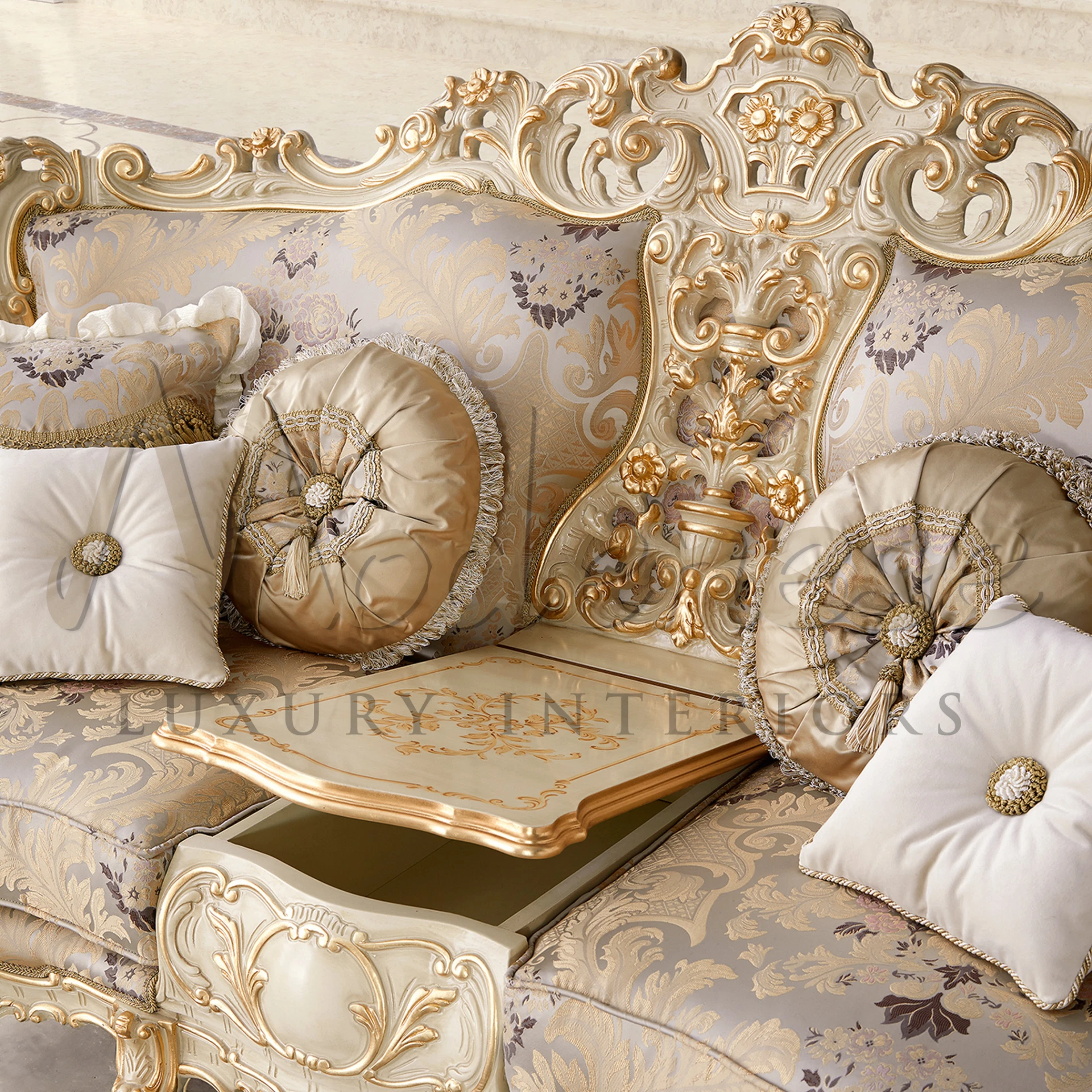 Unique 2-seater sofa with container, showcasing classic baroque style and Italian craftsmanship for elegant and practical home decor.