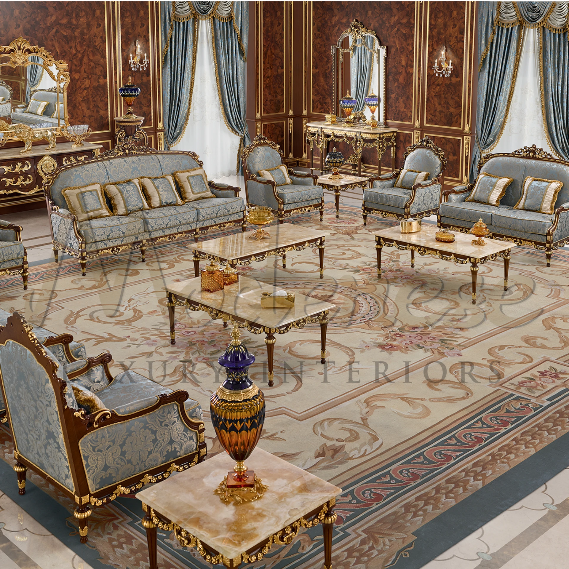 Traditional palace design Imperial Sofa, covered in exquisite silk-blend fabric with elaborate leg and seating crown carvings.
