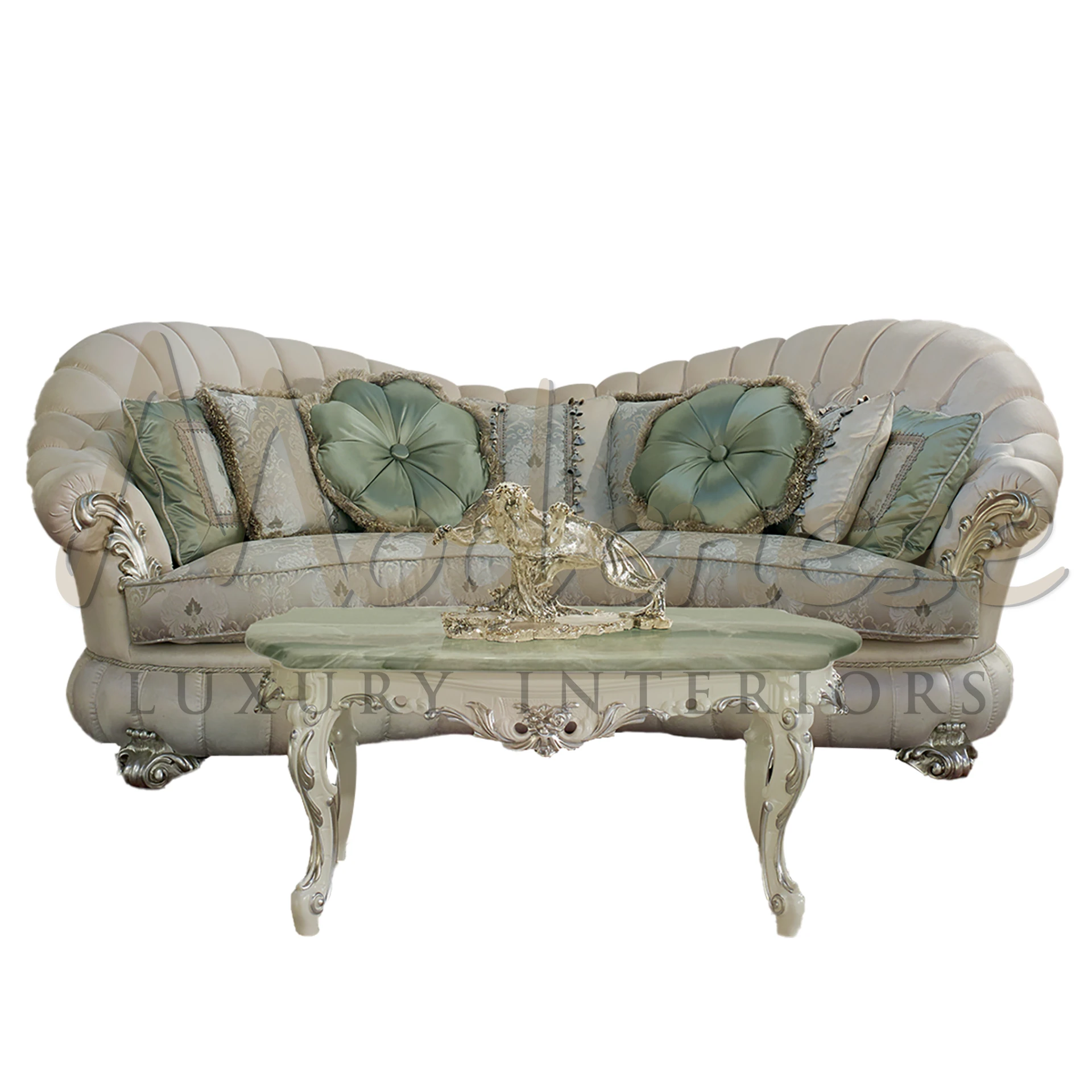 Elegant Victorian Upholstered Sofa with ornate wood carvings and silver leaf finishing, reflecting 19th-century luxury.
