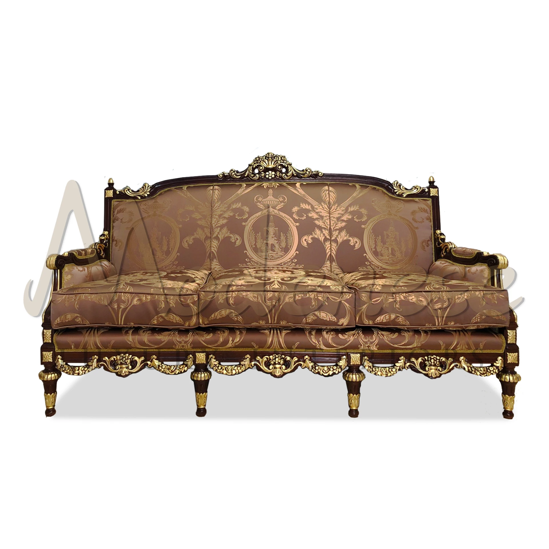 Elegantly traditional Royal Brown Sofa with classic walnut finishing and gold leaf details, by Modenese Furniture.
