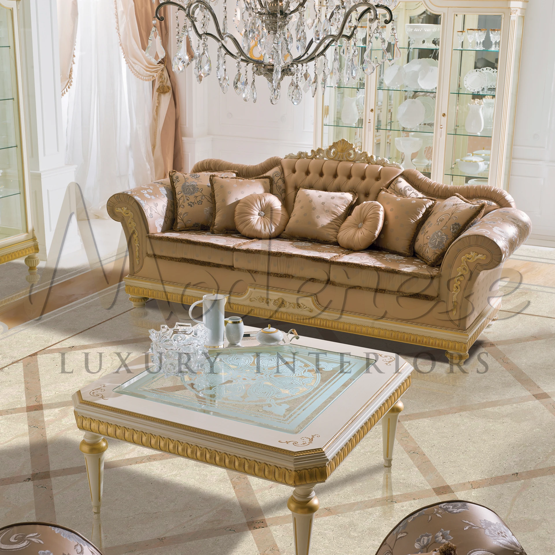 Luxurious Beige Floral Sofa with velvet upholstery, solid wood frame, and intricate carvings, epitome of Italian design elegance.