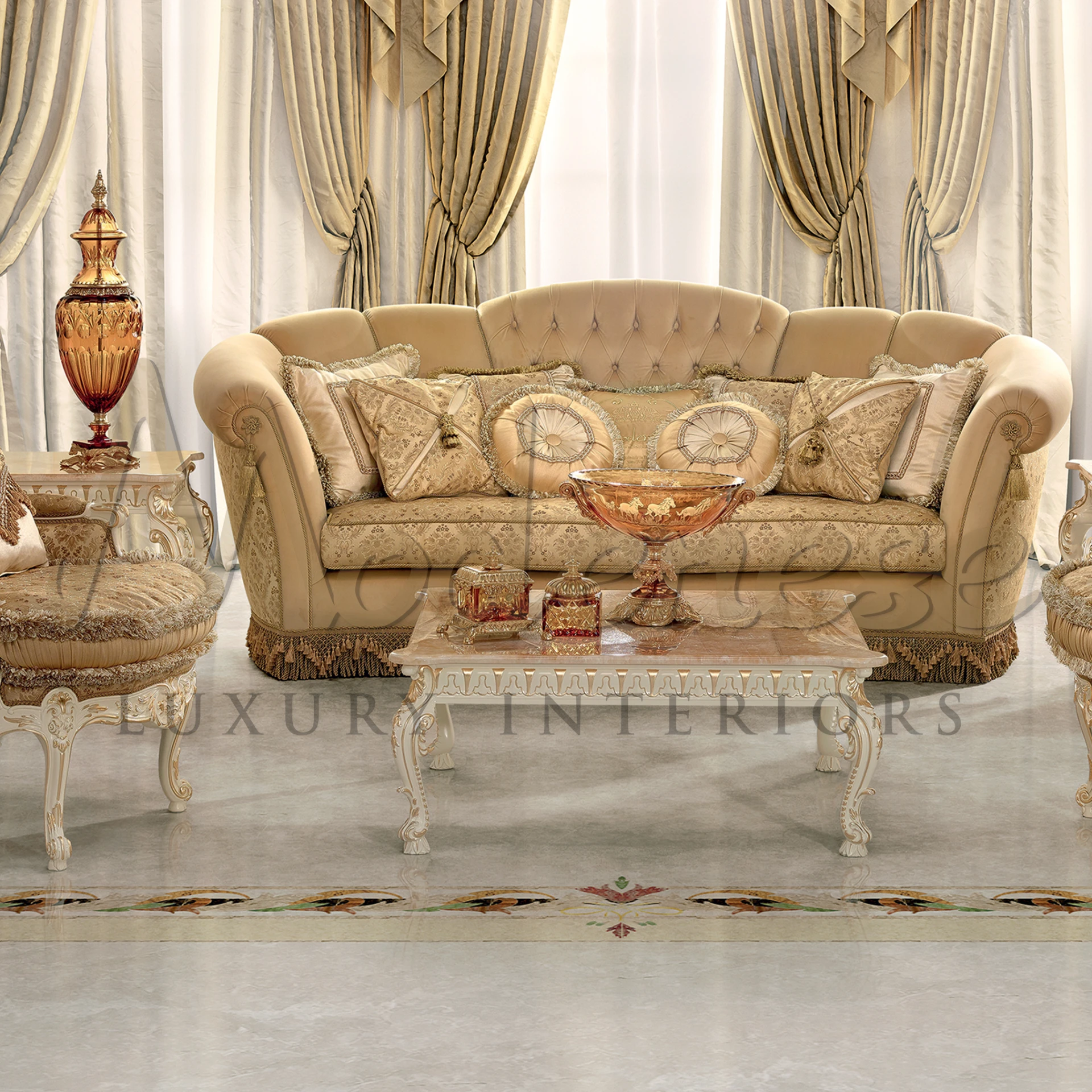 High-quality leather Classic Italian Sofa with baroque design elements, showcasing Italy's legacy in fine furniture crafting.