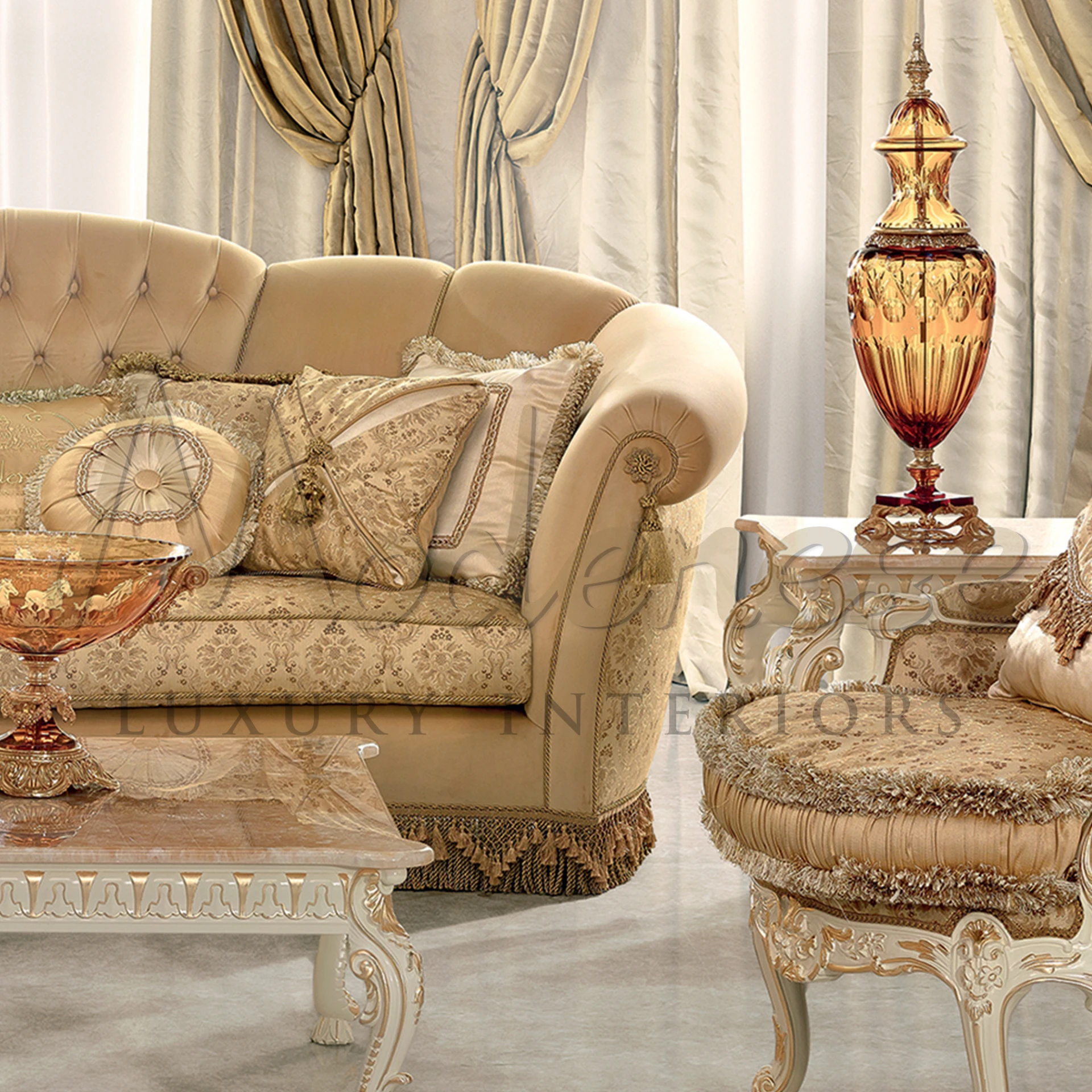 Refined furniture masterpiece: A solid wood framed Italian sofa with plush upholstery, melding luxury with classic design.