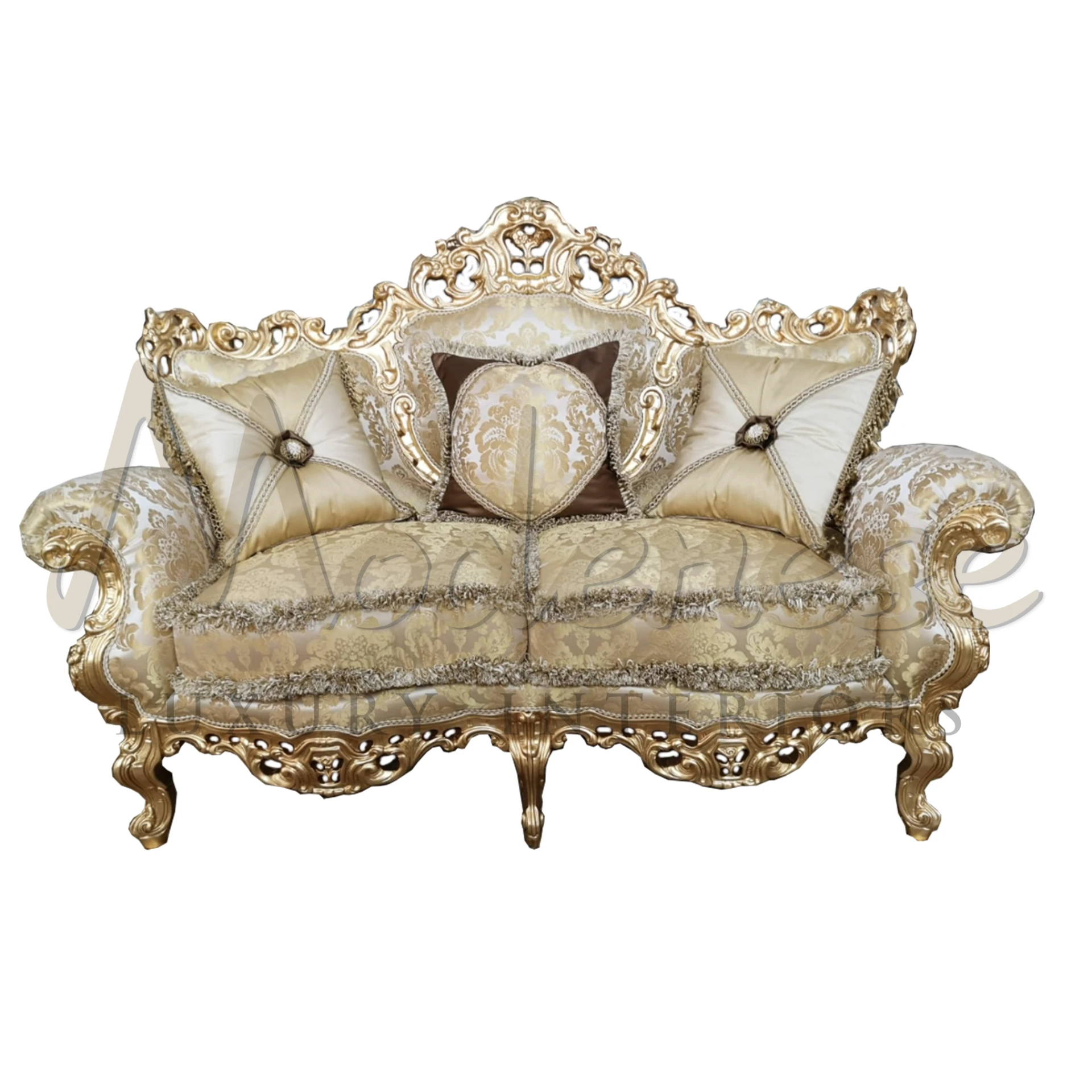 Baroque Sofa with gold leaf decorations and sumptuous hand carving, showcasing classic European elegance and luxury interior design.